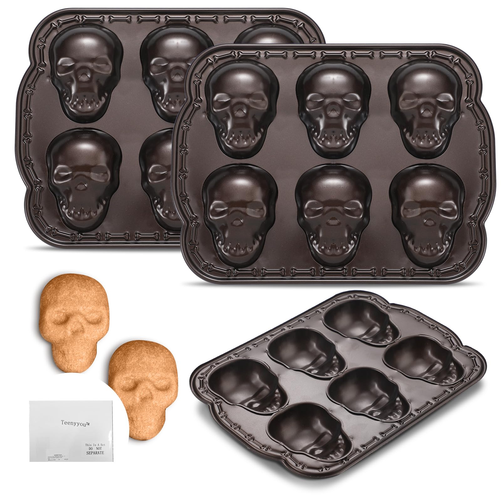 Teenyyou 2 Pcs Halloween Skull Baking Pan, Metal, 6 Cavity