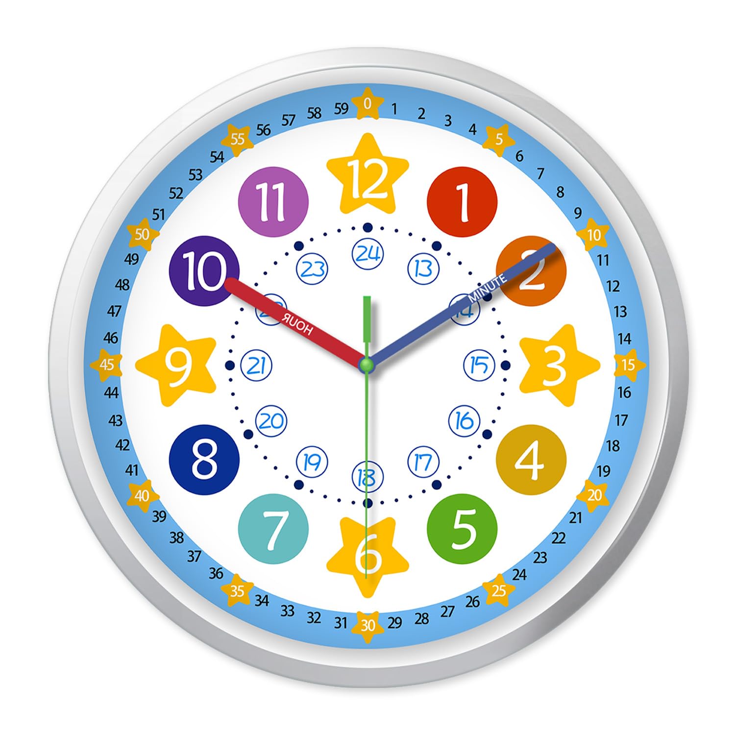Xfm Colorful Wall Clock Non Ticking - Small Wall Clock For Bedrooms - Learn To Tell Time Clock For Kids - Battery Powered Clock 