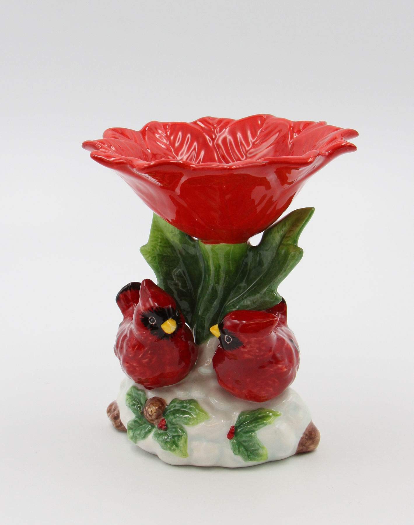 Cosmos Gifts Fine Ceramic Double Red Cardinal Birds With Red Poinsettia Flower Candy Dish, 5-1/2'' H