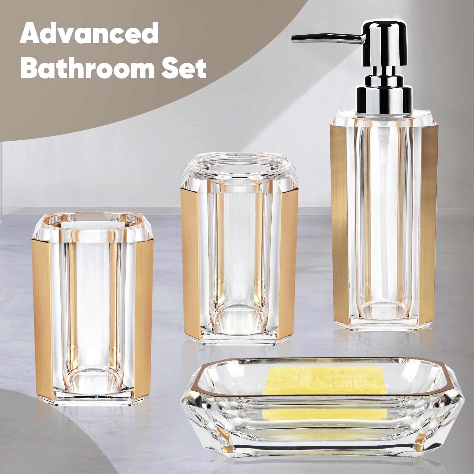 4-Piece Premium Acrylic Bathroom Accessory Set-Hand Sanitizer Bottle Lotion Can Bathroom Suit Separate Bottle Soap Box Mouthwash