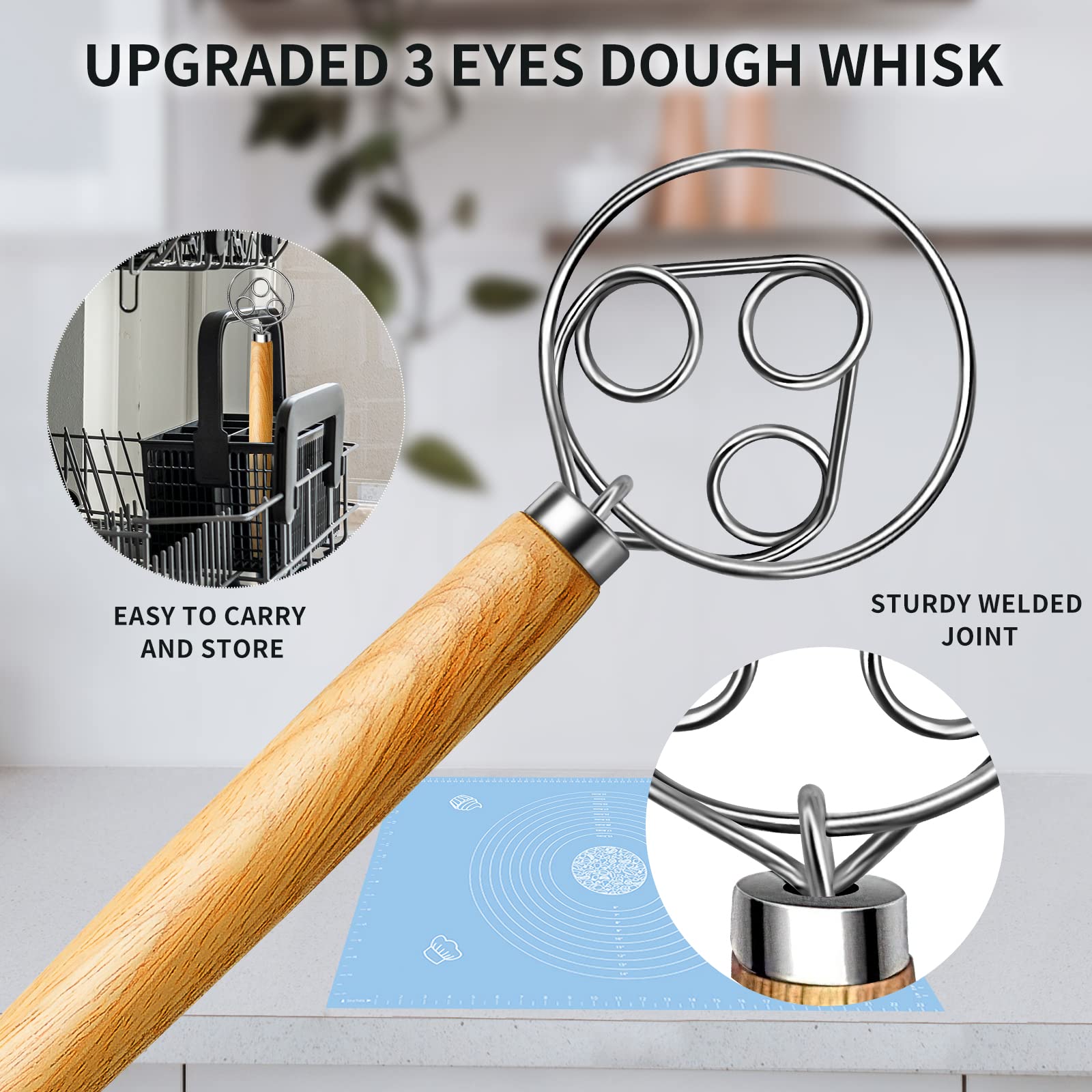 Teevea Danish Dough Whisk Stainless Steel Hook Dutch Style Bread Dough Hand Mixer Wooden Handle For Sourdough Making Baking Whis