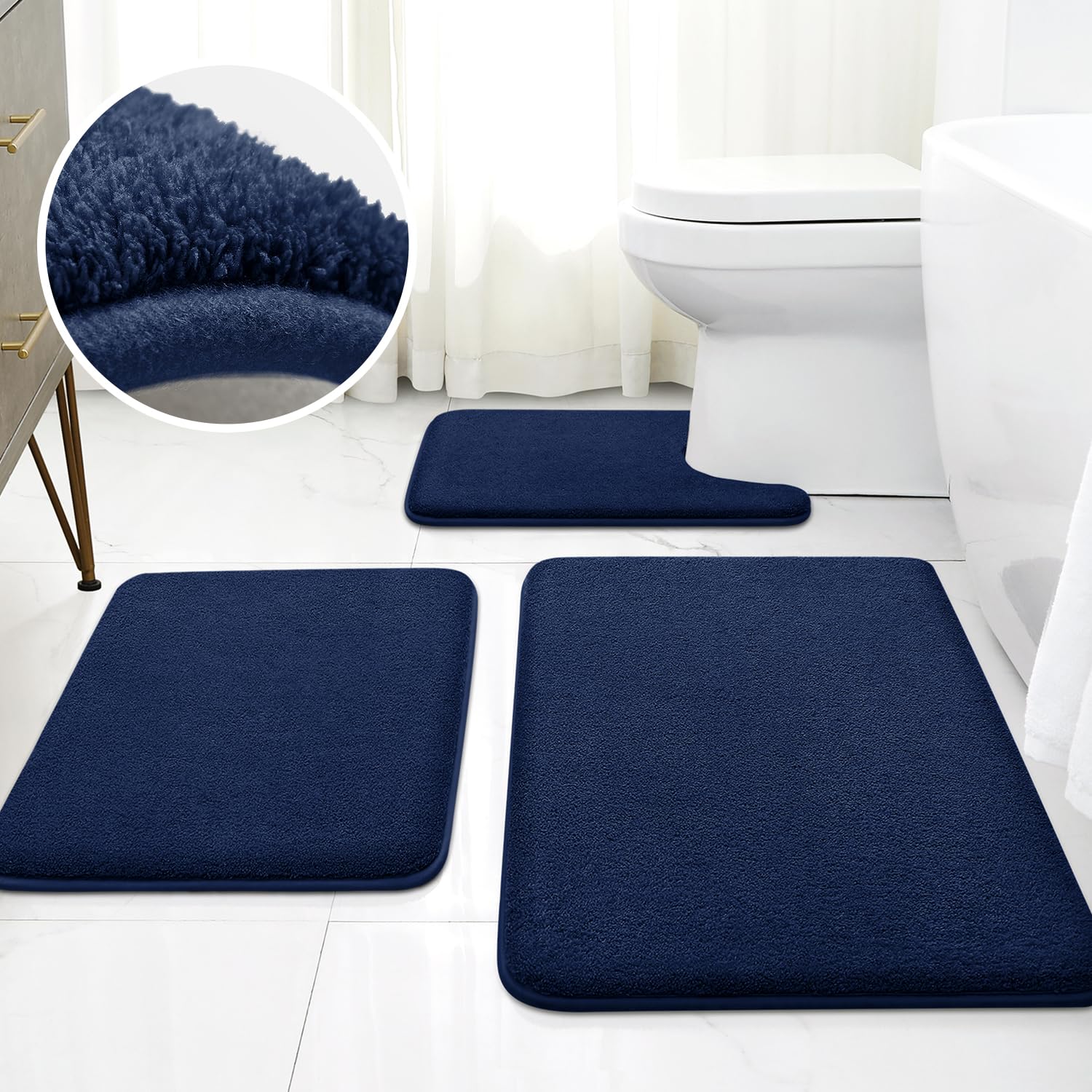 Homeideas Upgraded Bathroom Rugs Set 3 Piece, Extra Thick Absorbent Soft Memory Foam, Washable Toilet Bath Mat (Navy Blue,17''X2
