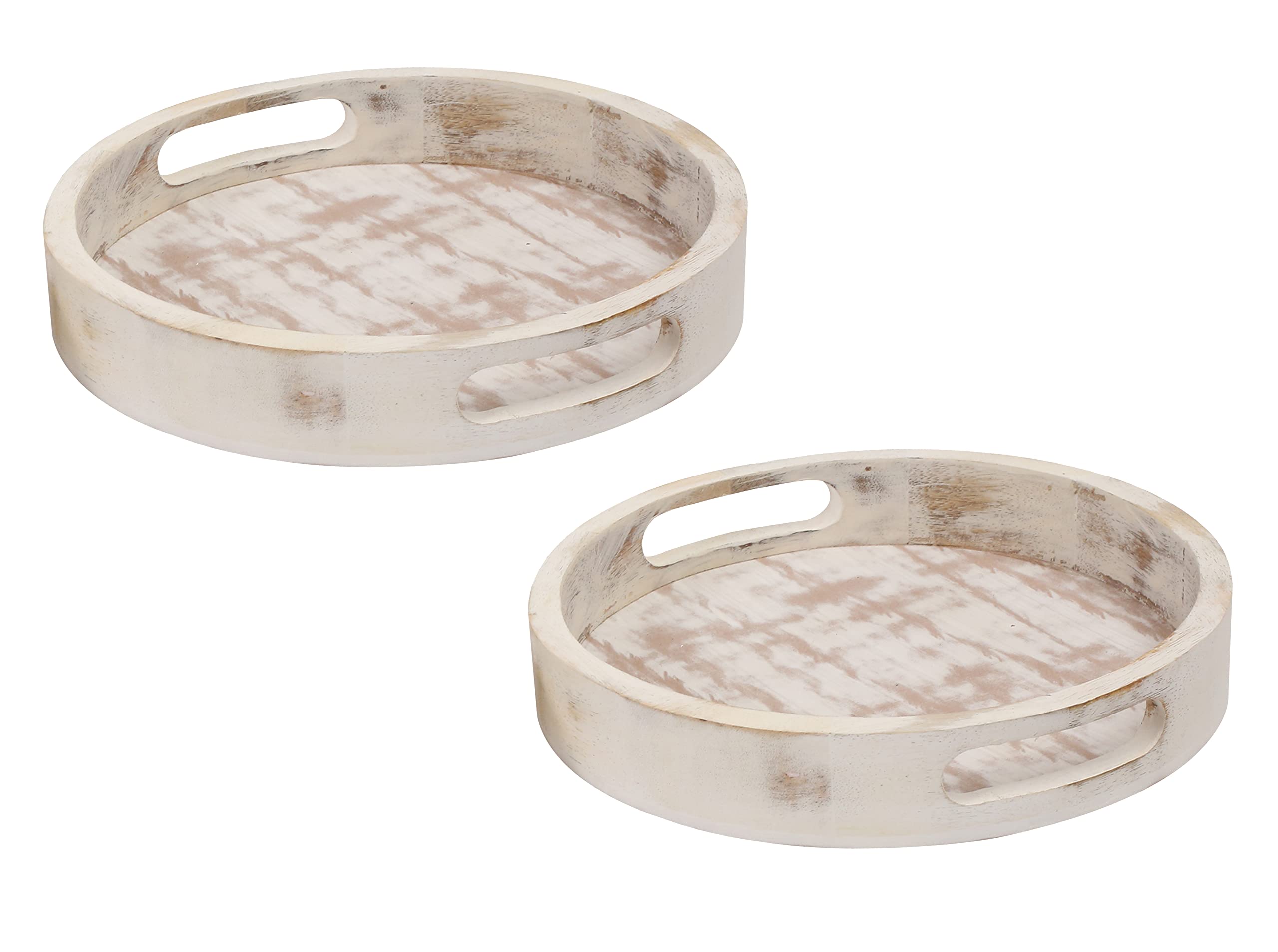 Winlay Decorative Coffee Table Tray, Set Of 2 White, Wooden Round Serving Tray For Living Room, Wood Ottoman Or Side Table, Char