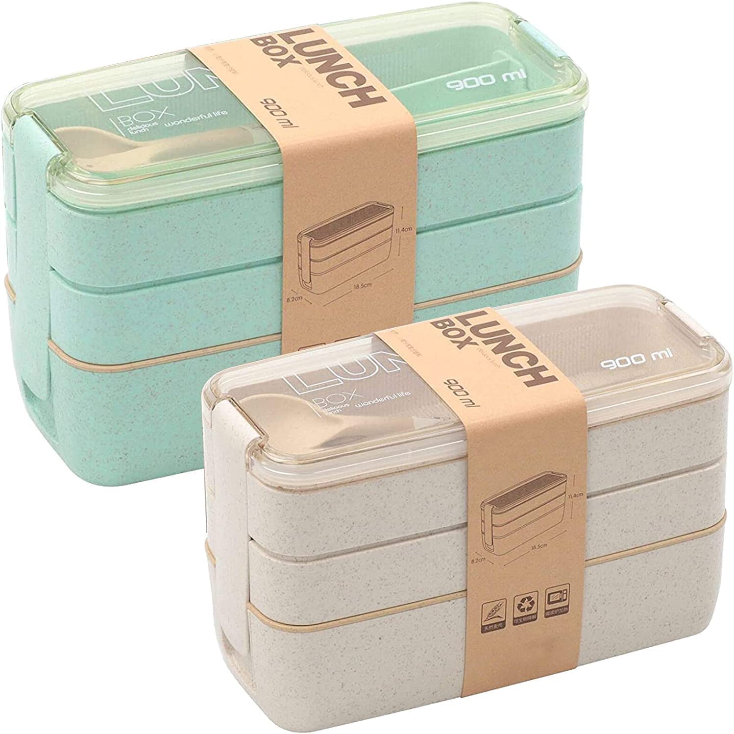 Rarapop 2 Pack Stackable Bento Box Japanese Lunch Box Kit with Spoon & Fork, 3-In-1 Compartment Wheat Straw Meal Prep Containers