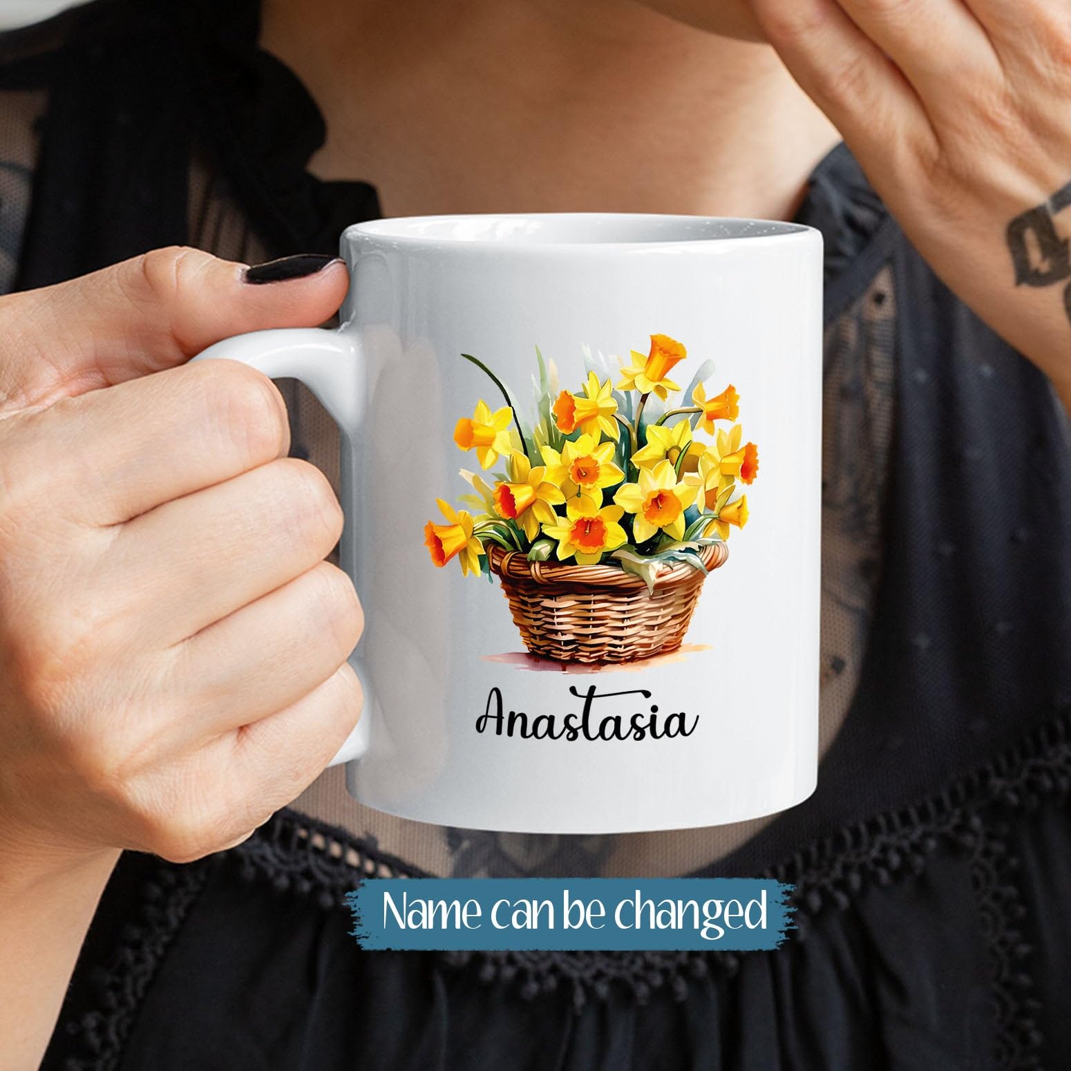 Customized Daffodils Mug Gift with Name, Daffodils Ceramic Cup Present, Personalized Flowers Coffee Mug Present, Custom Floral T