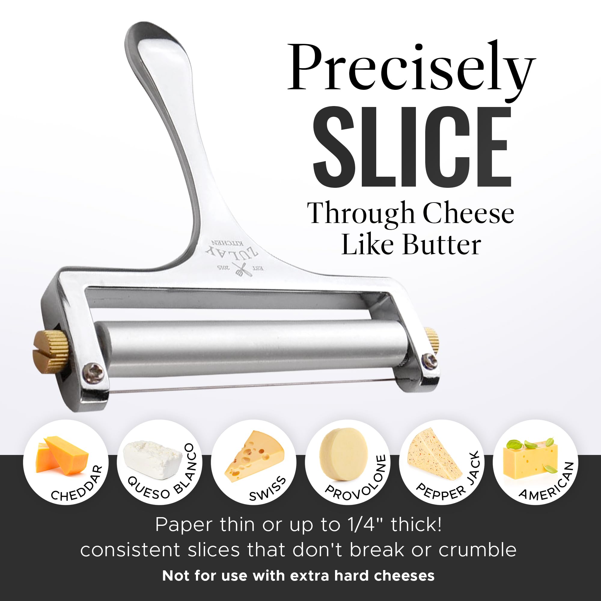 Zulay Cheese Slicer - Adjustable Thickness Wire Cheese Cutter, Heavy Duty Stainless Steel, Silver, for Mozzarella, Cheddar, Gouda