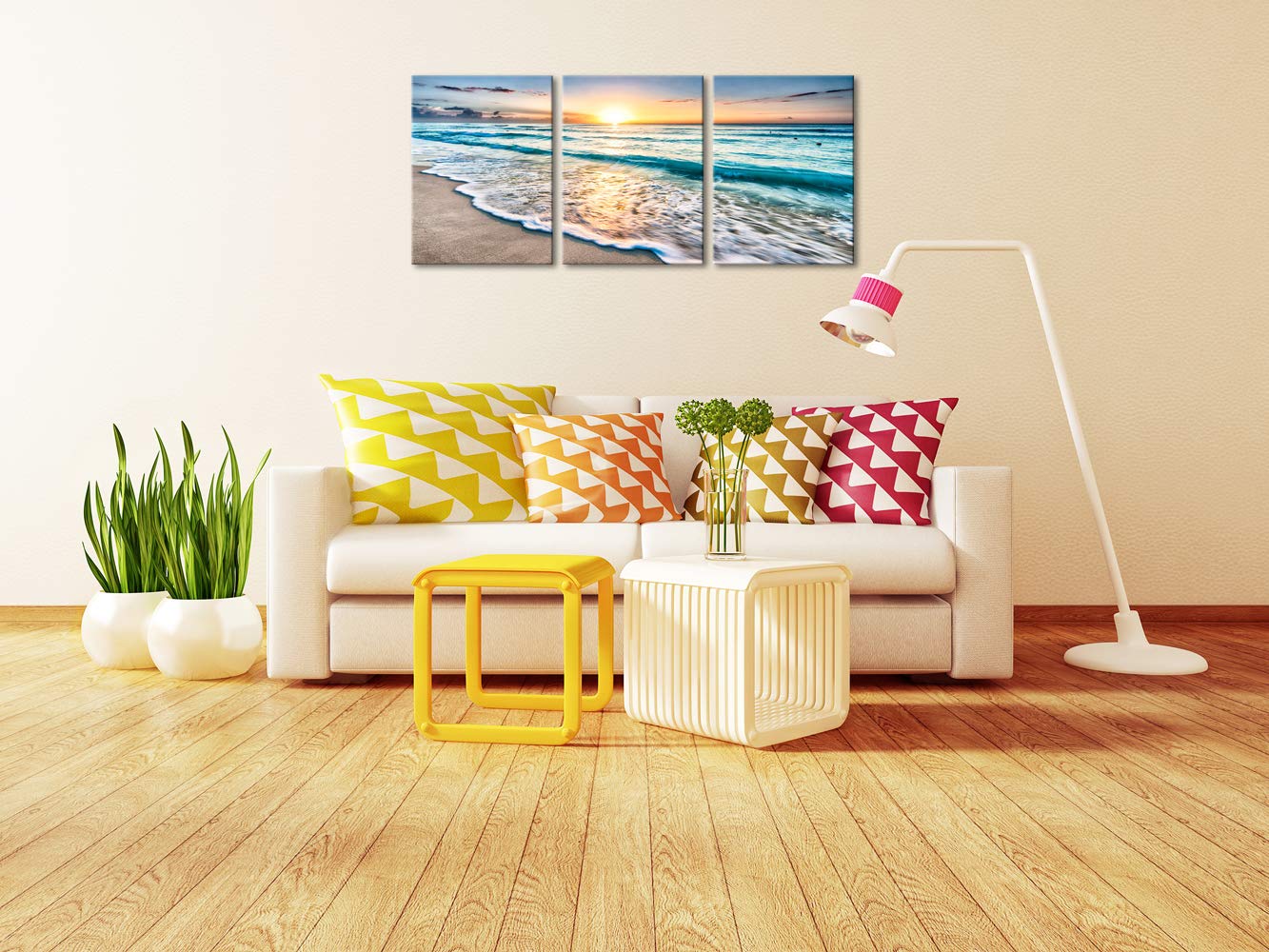 Wieco Art 3 Panel Blue Beach Canvas Wall Art For Home Decor Sunset White Wave Beach Pictures On Canvas Sea View Canvas Prints Ar