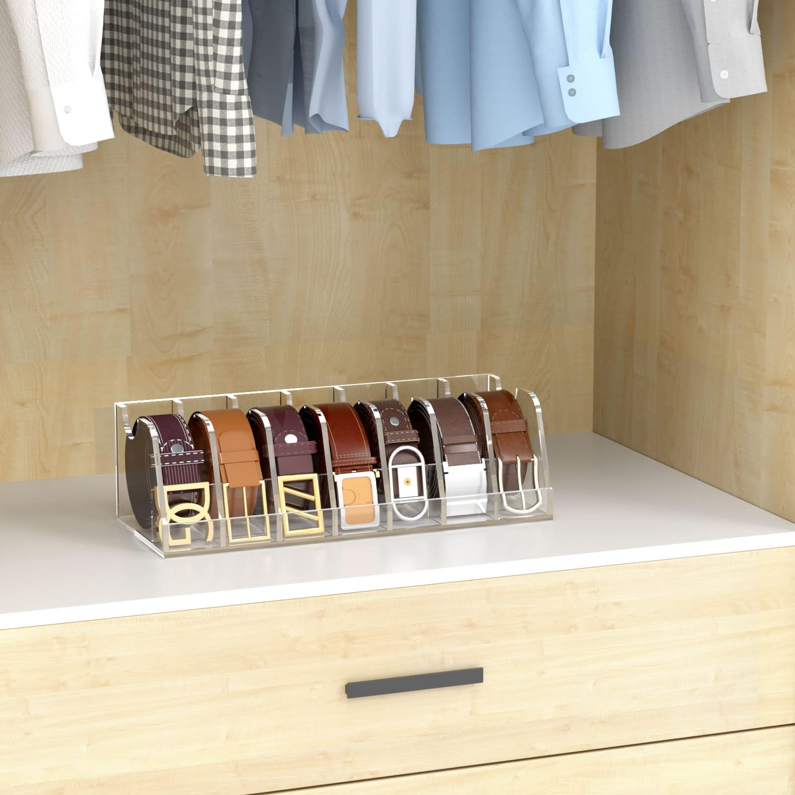 Niubee Belt Organizer, Acrylic Belt Storage Holder For The Closet And Drawer, 7 Compartments Belt Box With Display Stand