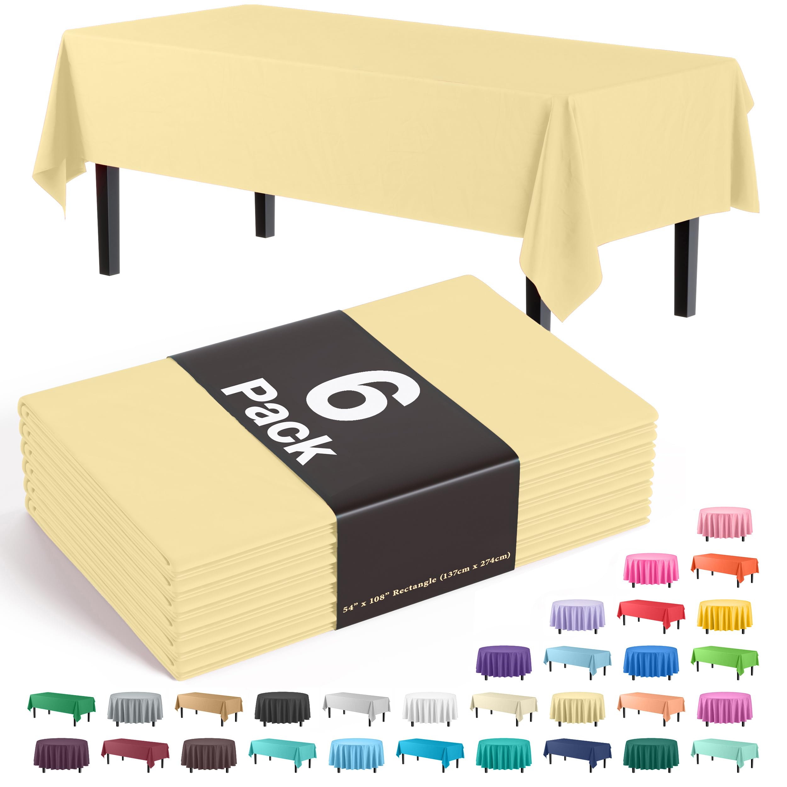 Exquisite 6-Pack Premium Plastic Tablecloth 54In. X 108In. Rectangle Plastic Table Cover - Light Yellow