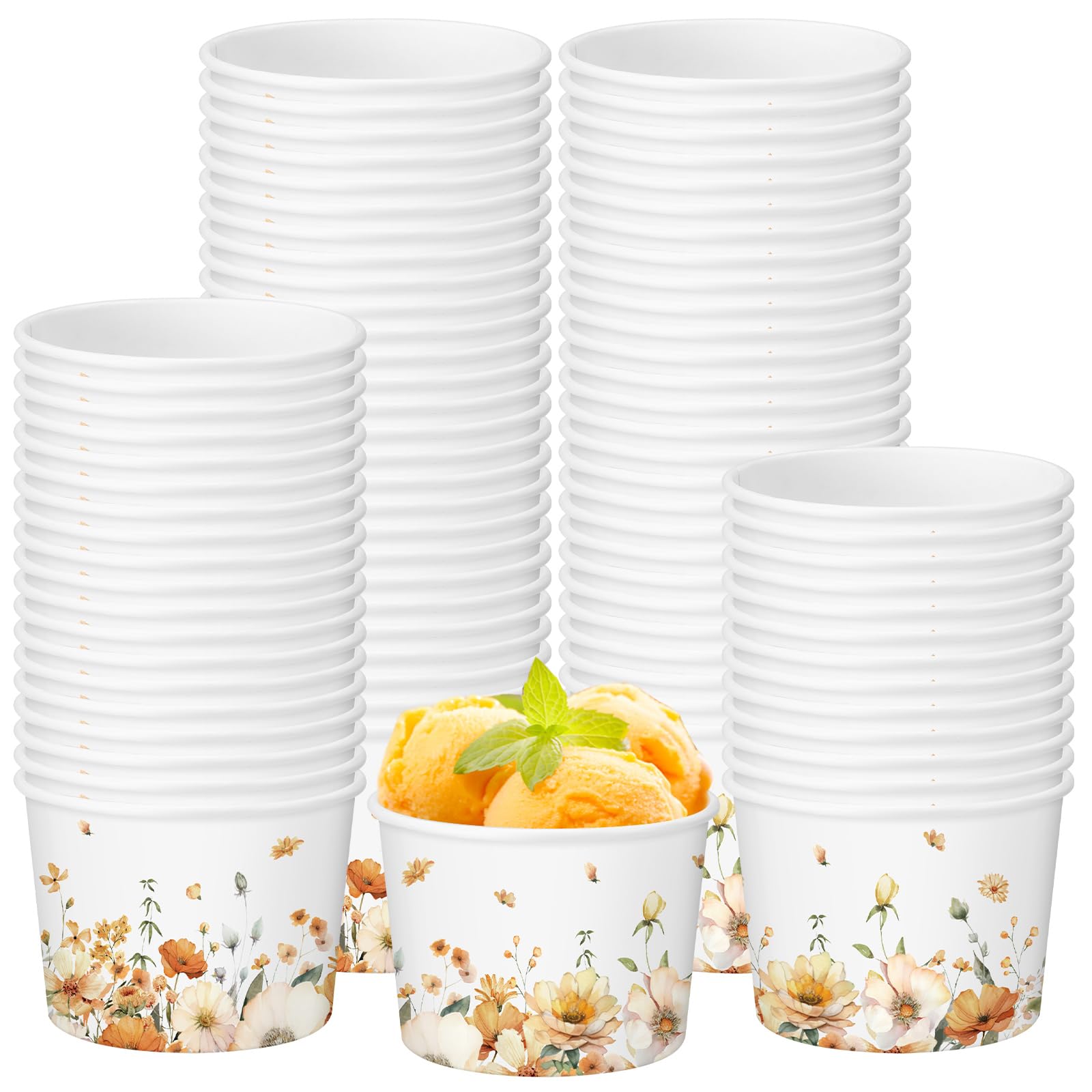 Funnymoom 50 Pack Fall Floral Treat Snack Cups Autumn Flowers Paper Ice Cream Cups 9 oz Watercolor Flower Disposable Dessert Bow