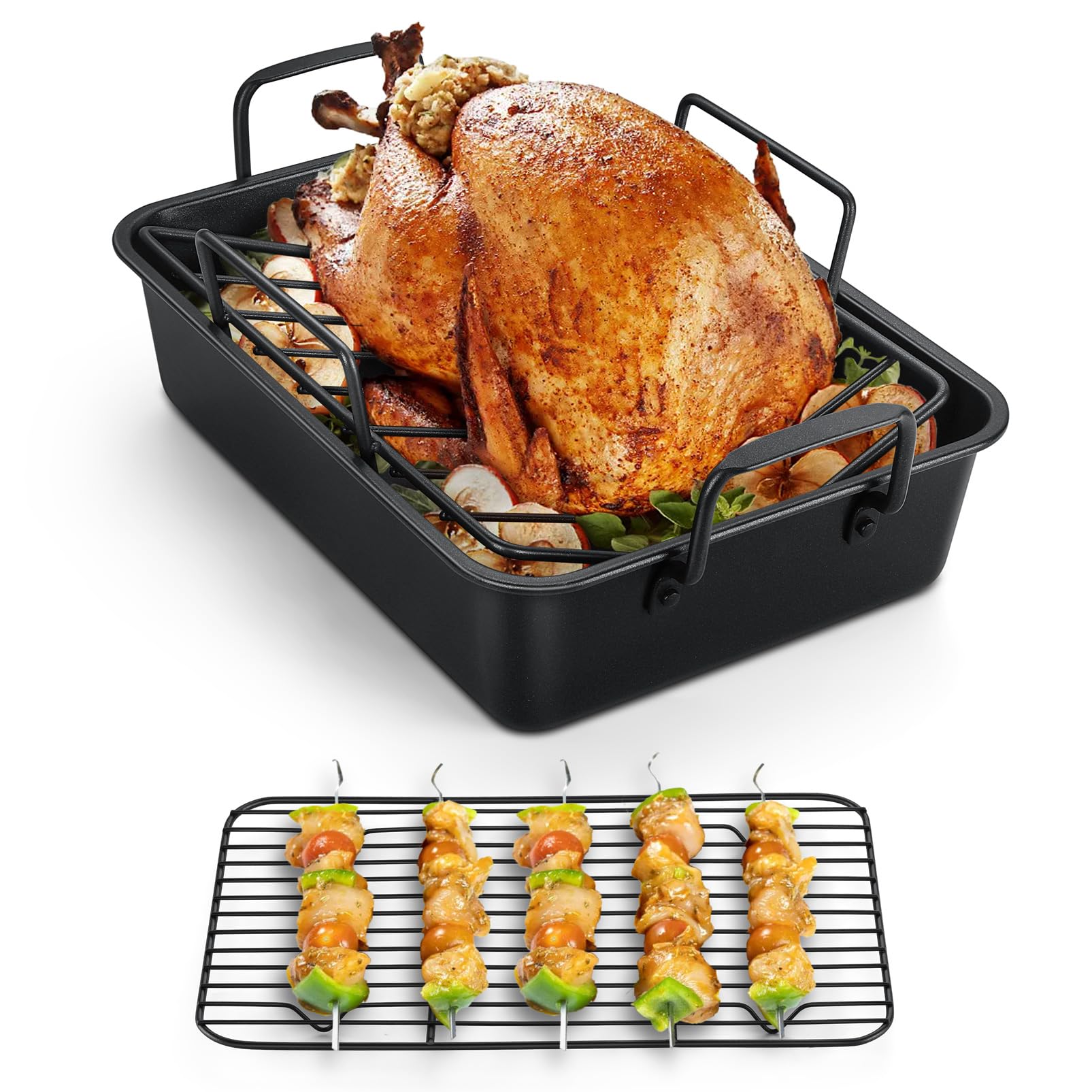 Teamfar Roasting Pan, 14Inch Coated Turkey Roaster Lasagna Pan With V-Shaped Rack & Flat Rack, Non-Stick Coating & Stainless Ste