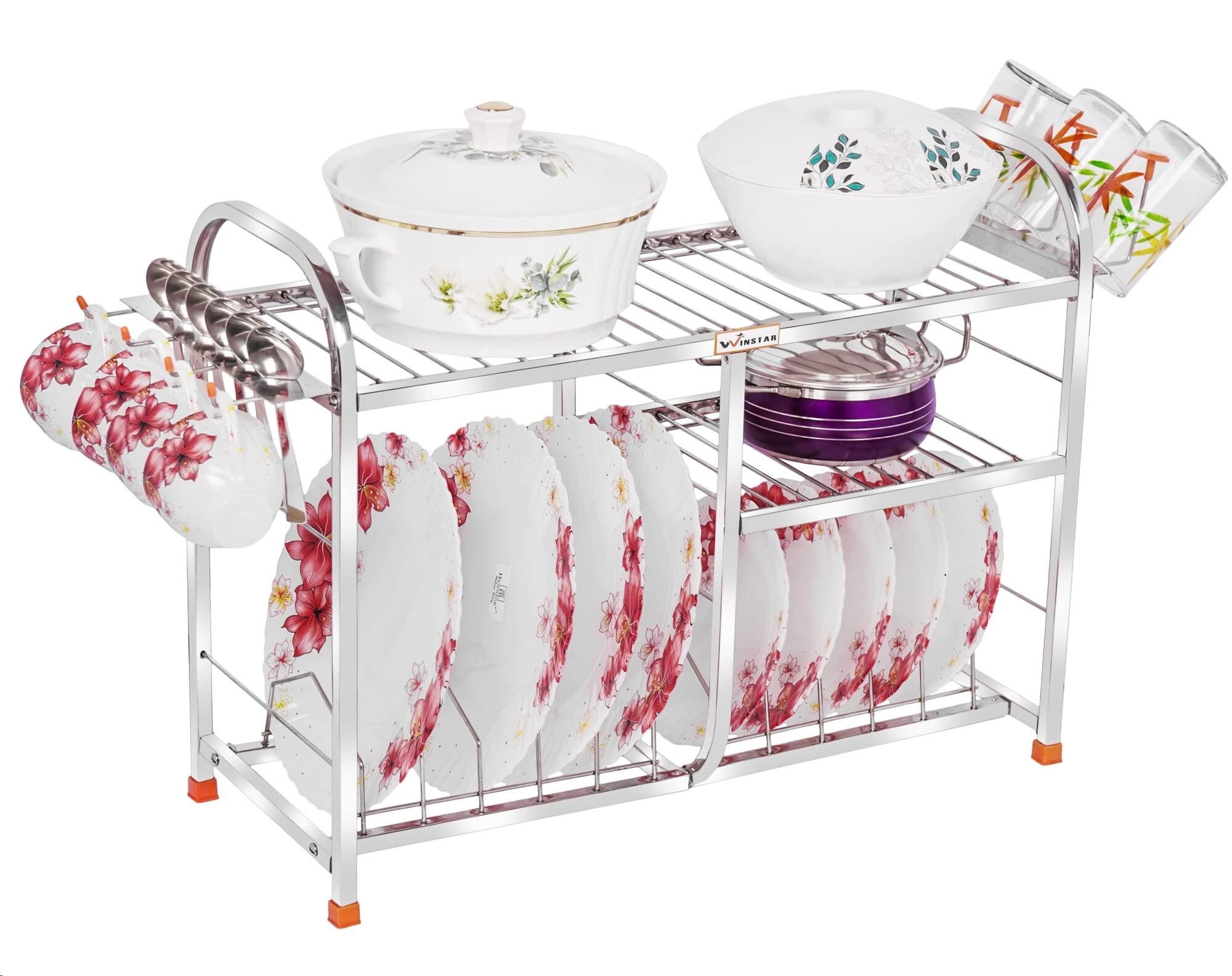 Winstar Stainless Steel 3 Shelf Wall Mount Utensils Rack With Plate & Cutlery Stand  Modular Kitchen Storage Organizer  18 H X