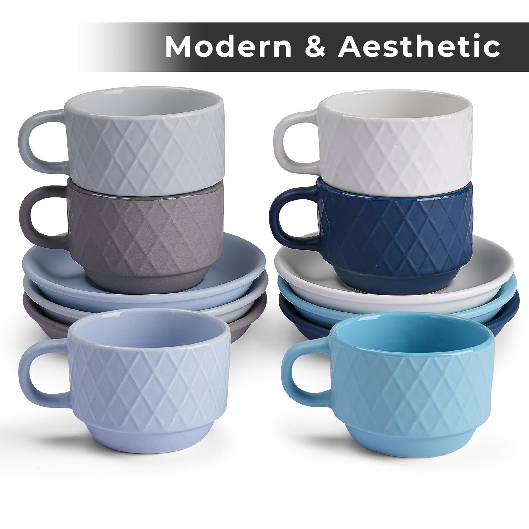 MIAMIO - 6 x 25 oz Stoneware Espresso Mug  cup Set Modern with Stand and Saucers - Palmanova collection (Ocean Blue)