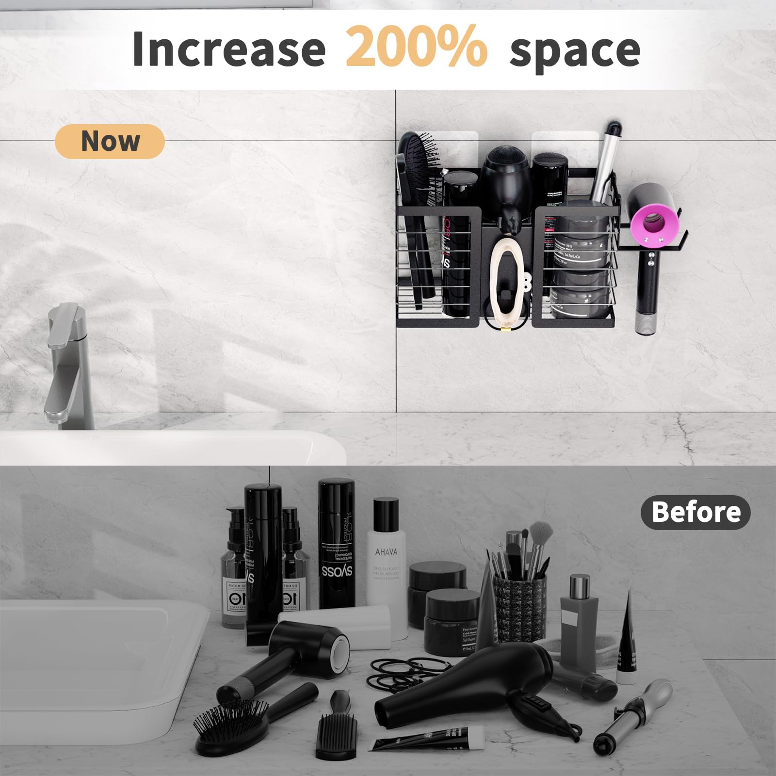 Funkylee Hair Tool Organizer Hair Dryer Holder, 3 In 1 Metal Bathroom Blow Dryer Organizer Wall Mount For Flat Iron, Curling Iro