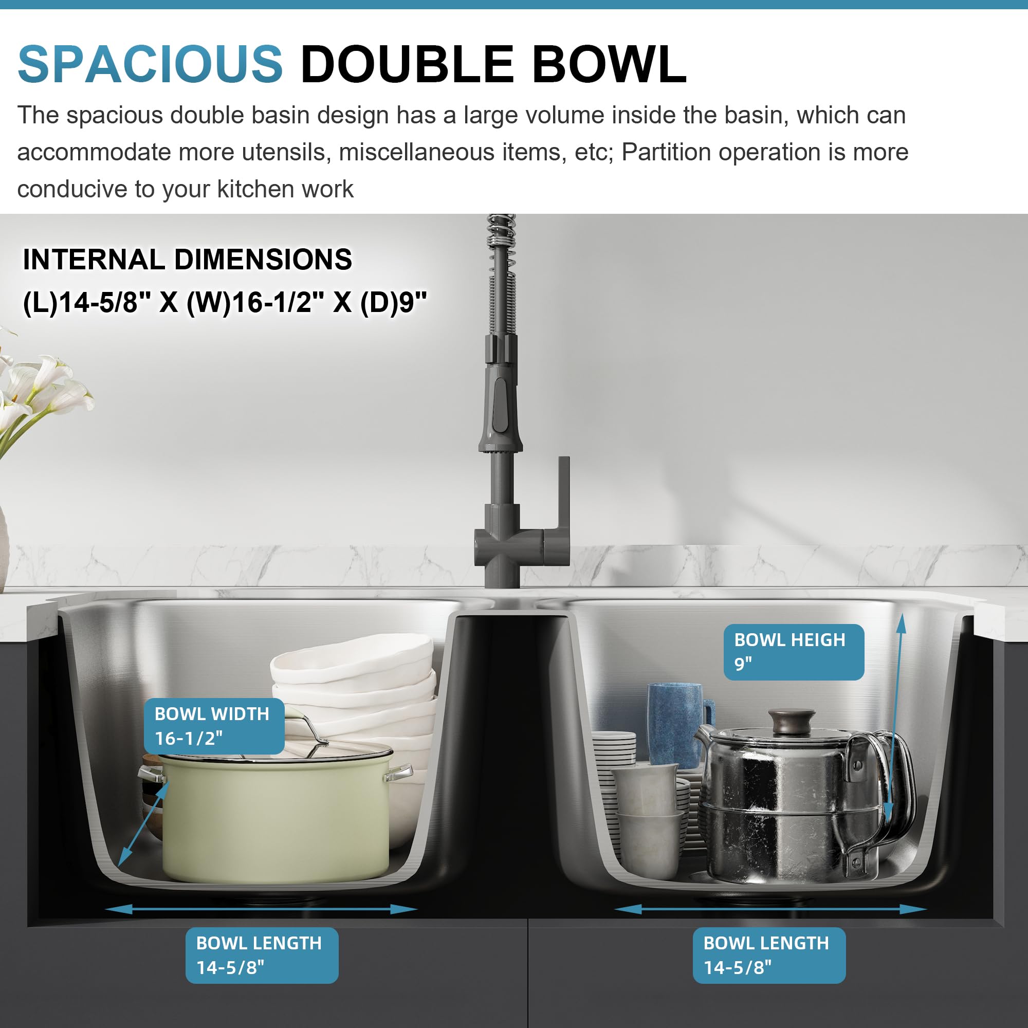 Joviprime 32 Inch Undermount Double Bowl Kitchen Sink 50/50 18 Gauge 304 Stainless Steel Spacious Double Bowl Design Sink With S