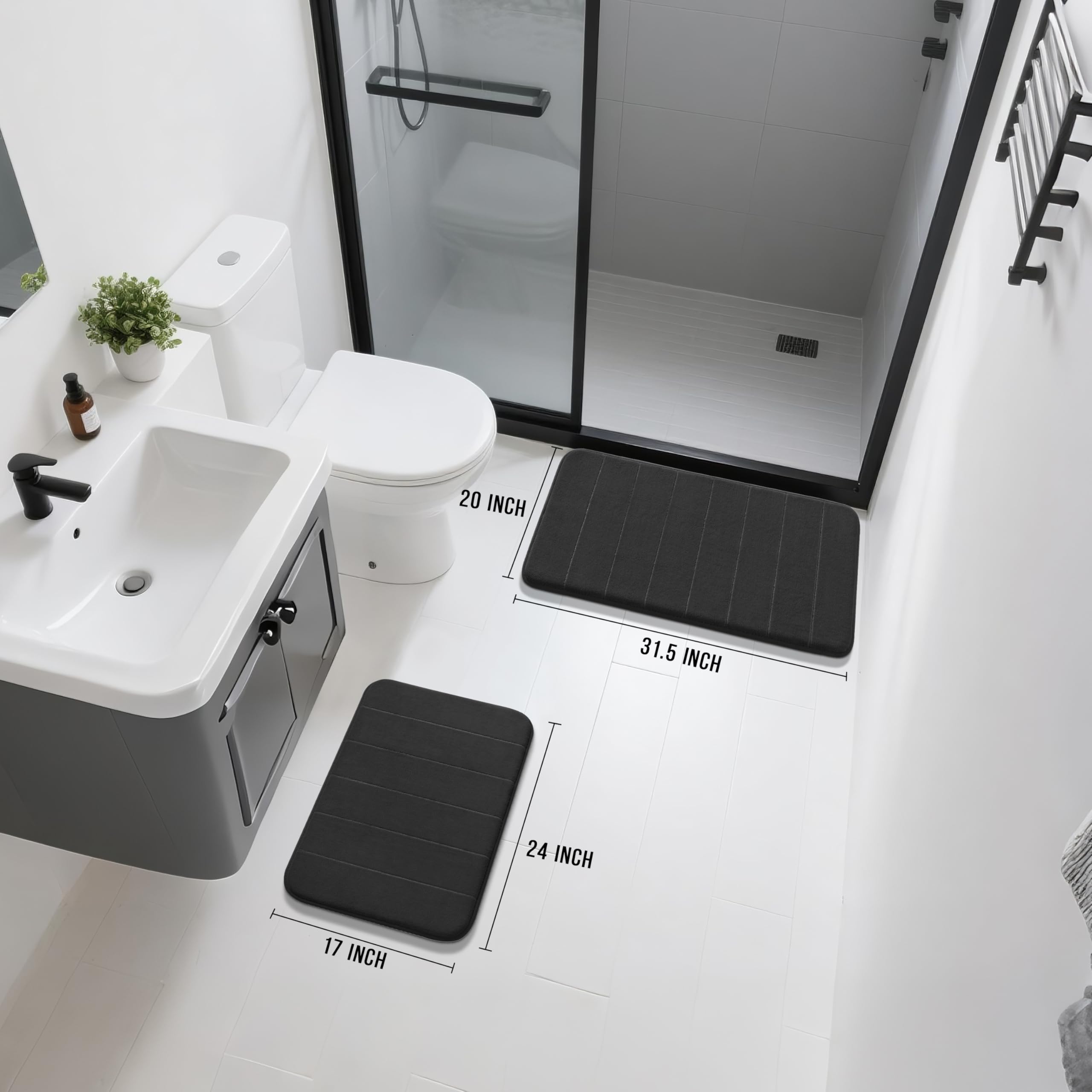 Yimobra 2 Pieces Memory Foam Bathroom Mat Set  Non Slip - Super Water Absorption Soft Bath Mats Rugs  Thick  Dry Fast  Machine Washable for Bathroom Floor Rug  17x24+31.5x19.8 Inches  Black