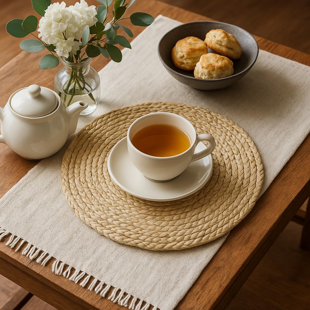 Bengal Handicrafts & Handlooms Round Braided Jute Placemats Set Of 2 | 14 Inch Natural Beige Handwoven HeatResistant Table Mats