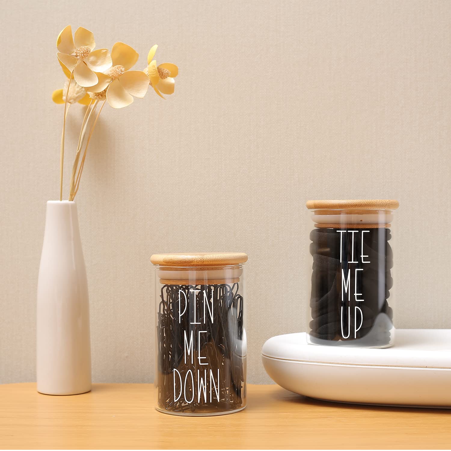 MOMEEMO Apothecary Jars with Lids Storage Organizer  Hair Tie Organizer & Bobby Pin Holder are Great for Bamboo Bathroom Accessories  Decor Farmhouse Style. (Hair Ties & Pins)
