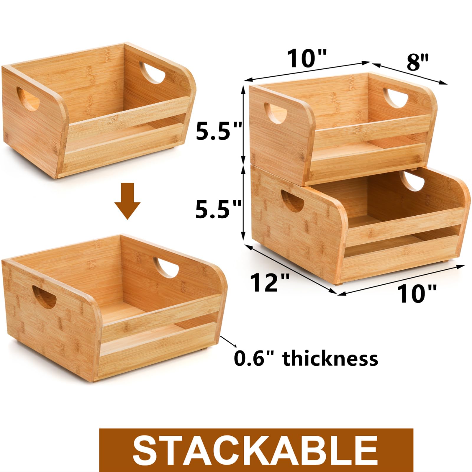 DEAYOU Bamboo Storage Bins - 2 Pack Natural Serving Baskets with Handles, Brown, Model DE-BambooStorageBin-Stack-2P