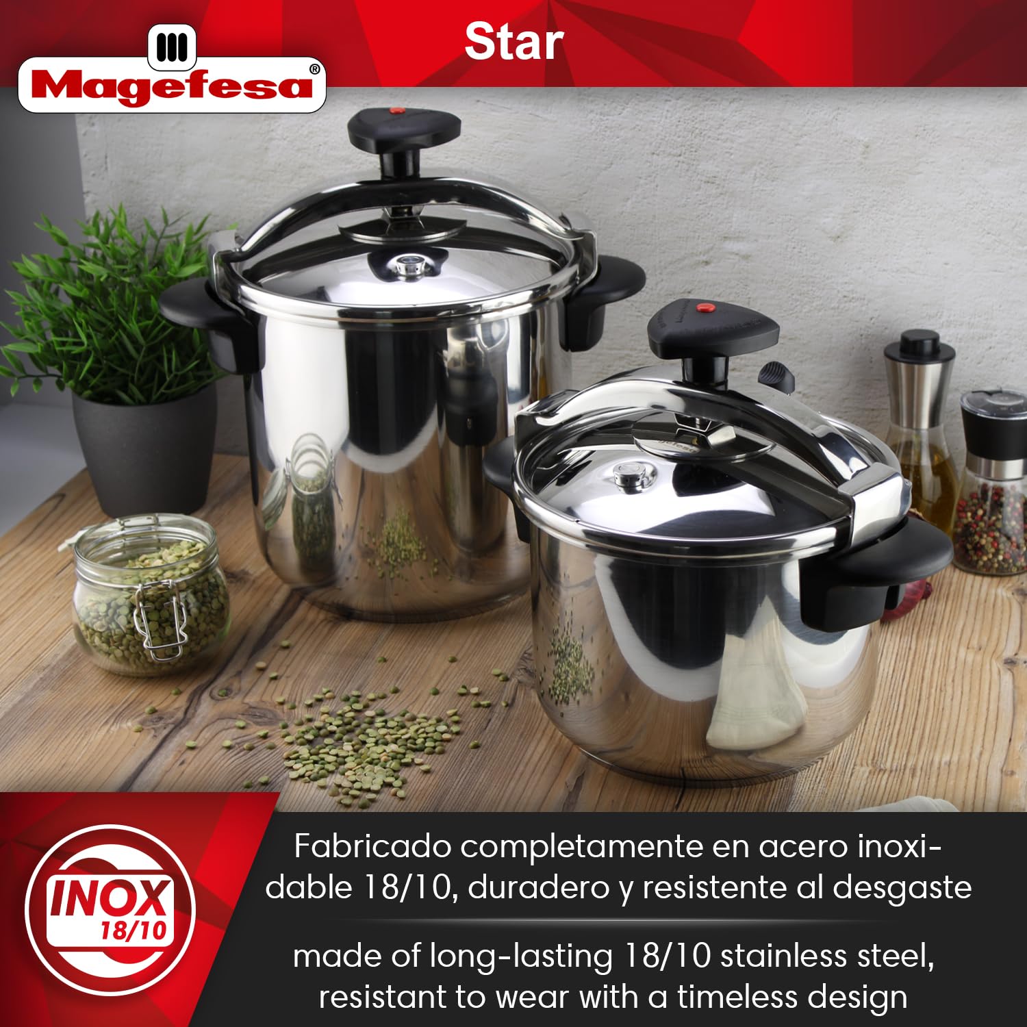 MAgEFESA Star Quick Easy To Use Pressure cooker, 1810 Stainless Steel, Suitable for induction Thermodiffusion bottom, 3 Security