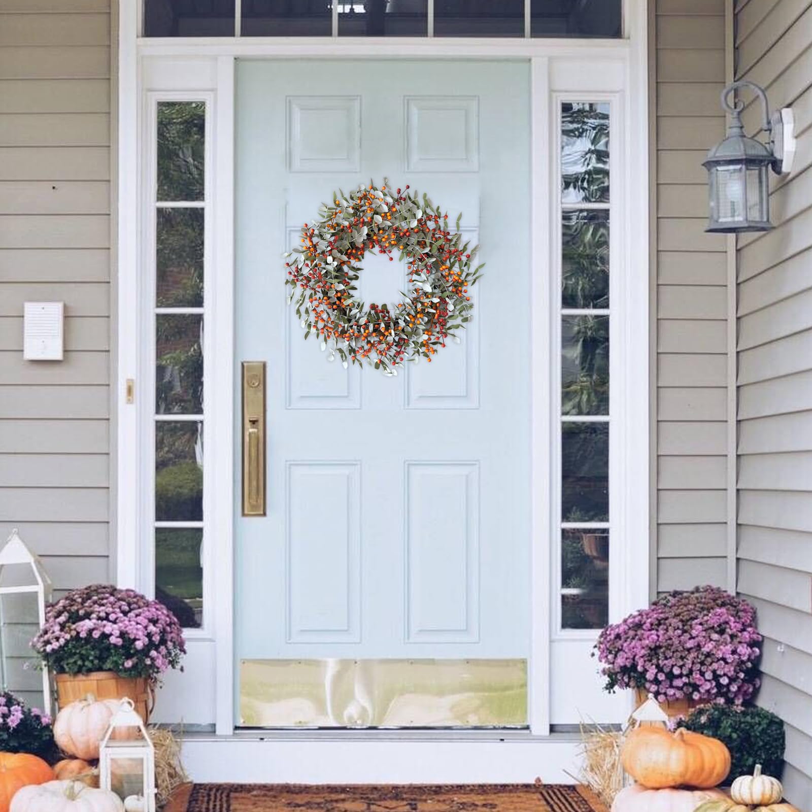 Egolot 22 Inch Boxwood Orange Berries Wreath for Front Door, Fall Door Wreath for Indoor Outdoor, Soft Touch Greenery with Yello