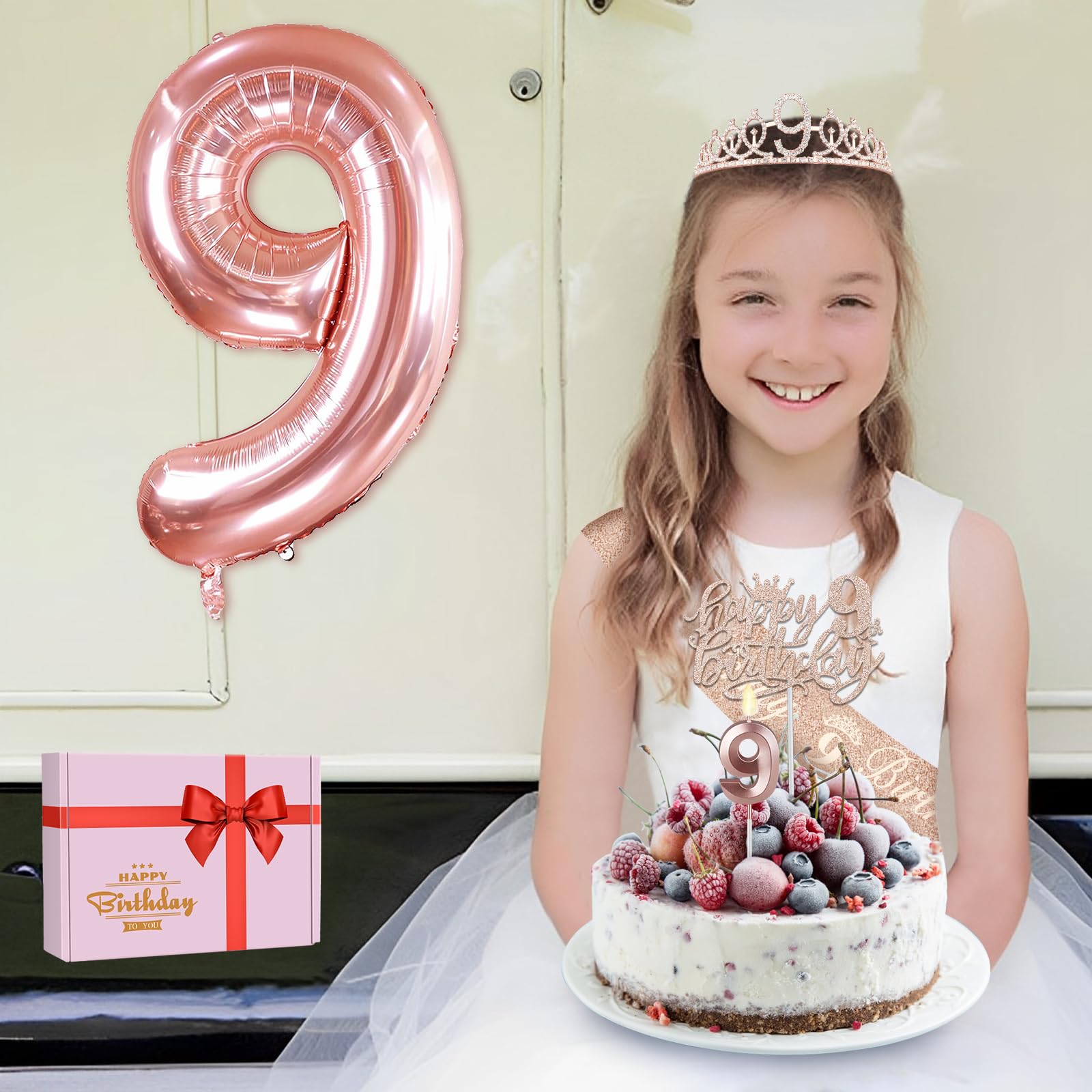 9Th Birthday Decorations For Girl Including 9Th Birthday Girl Sash And Tiara For Girls, 9 Birthday Candles And Cake Topper, 9 Ba