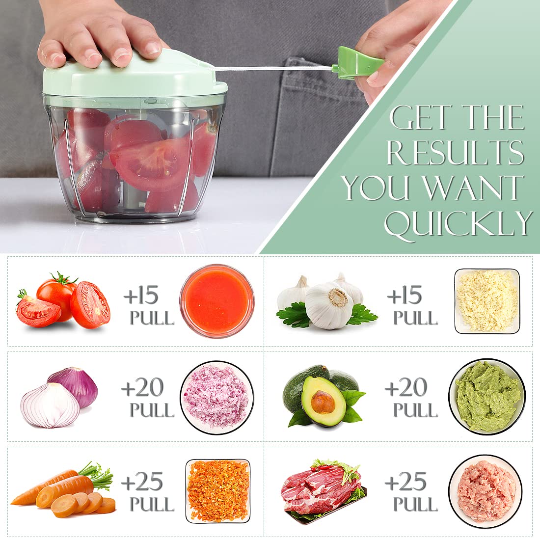 Ourokhome Garlic Grinder Onion Chopper, Manual Food Processor Portable Speed Pull String Vegetable Cutter For Veggies, Ginger, F