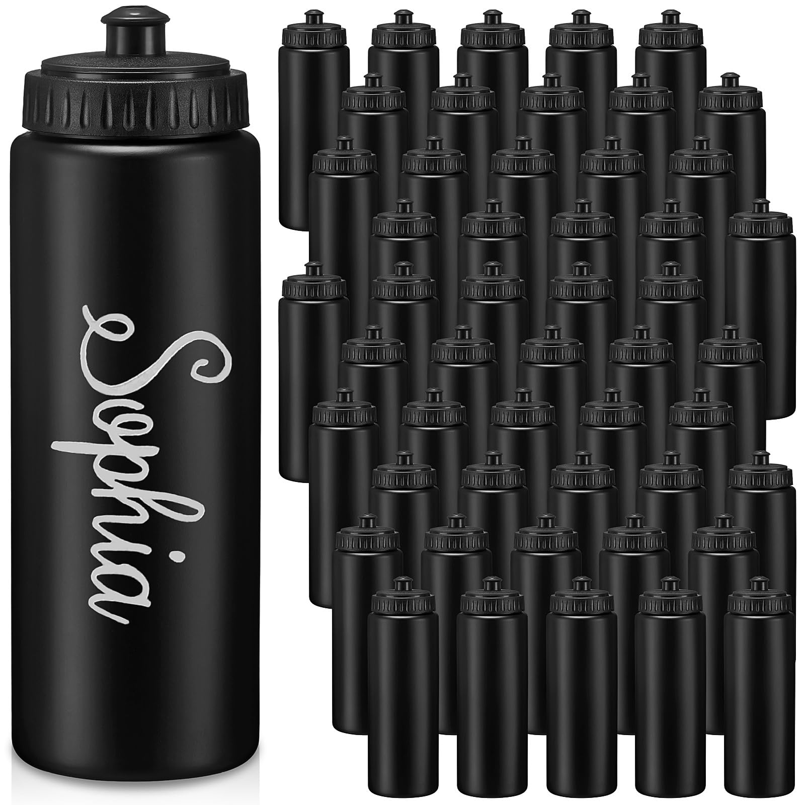 Dandat 50 Pack Black Reusable Water Bottles Bulk for Boy Adults 24oz