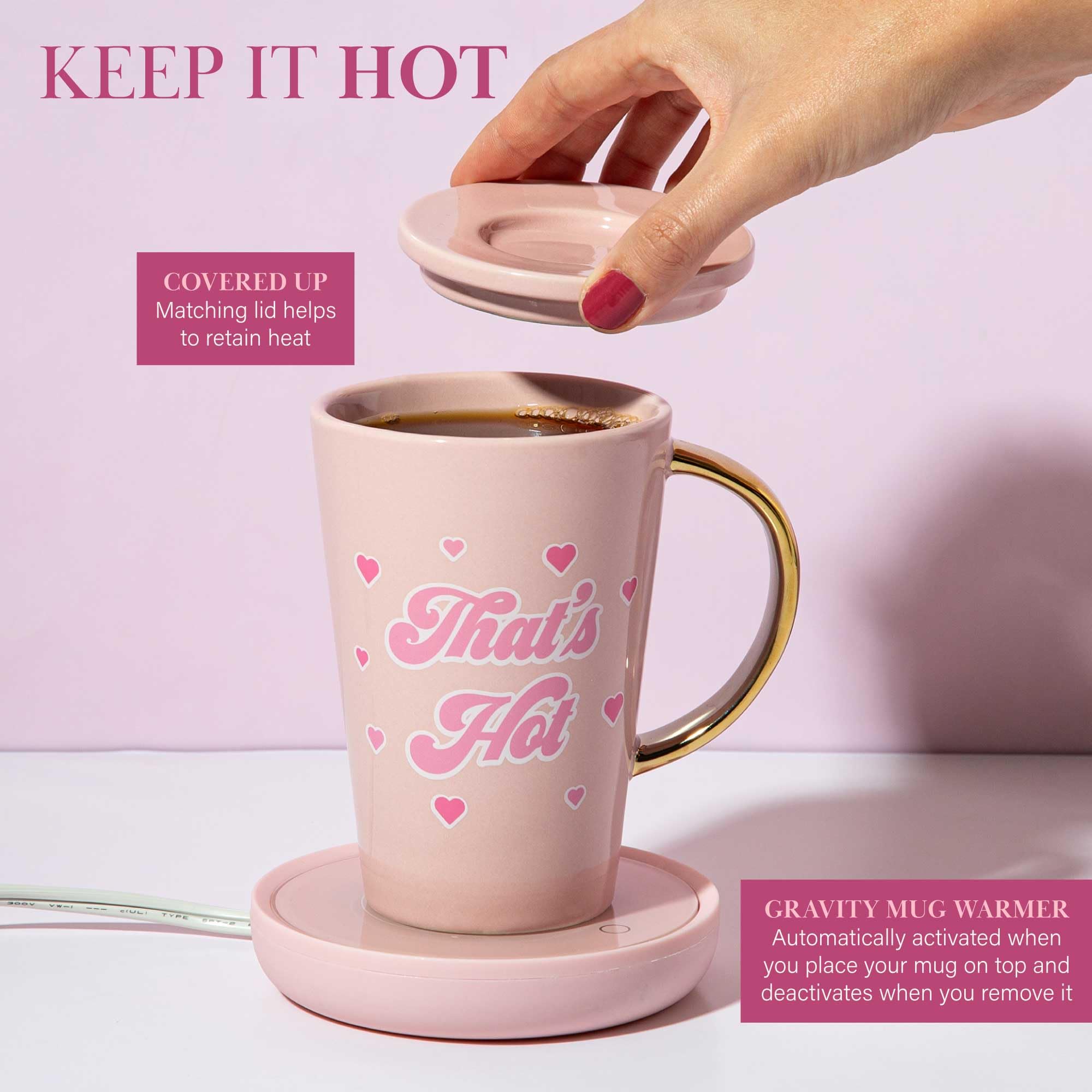 Paris Hilton Electric Mug Warmer Set, Electric Gravity Mug Warmer With 14-Ounce Ceramic Coffee Mug With Lid, Heat Sensitive Colo