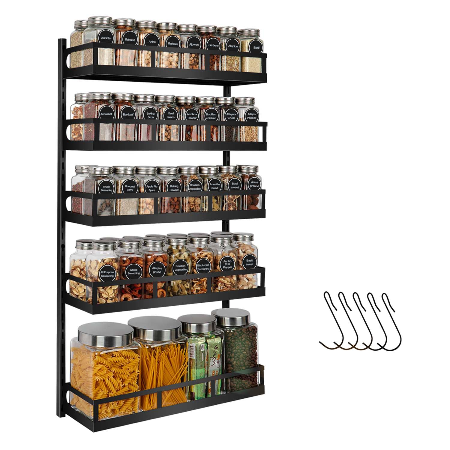 X-cosrack Wall Mount Spice Rack Organizer 5 Tier Height-Adjustable Hanging Spice Shelf Storage for Kitchen Pantry Cabinet, Dual-