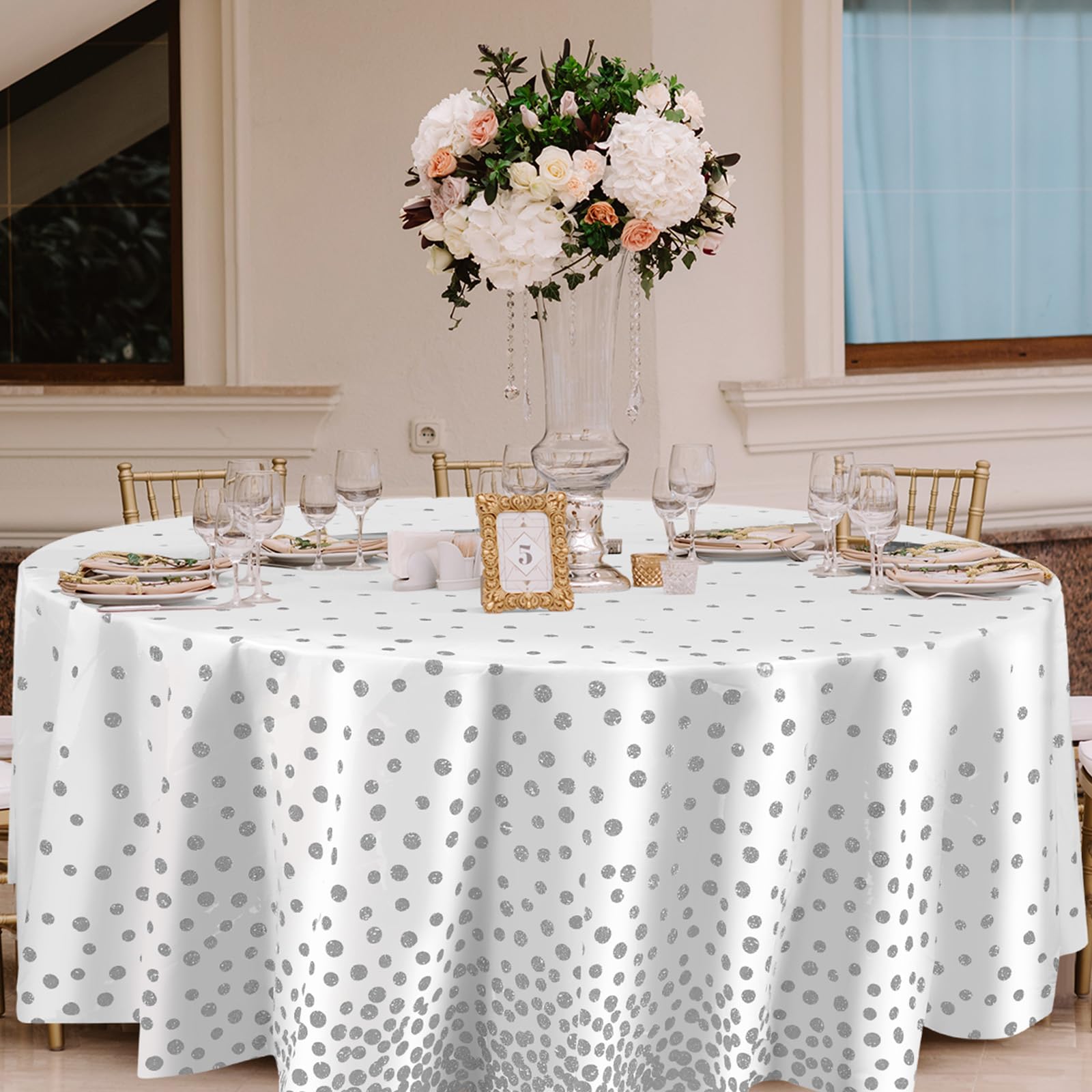 Newwiee 3 Pcs Round Dot Tablecloth 84 Inch Plastic Table Cover Confetti Tablecloths for Christmas New Year Wedding Bridal Shower