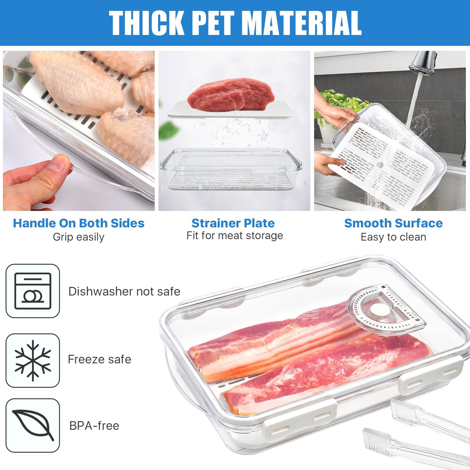 Bacon Container For Refrigerator, Airtight Thick Plastic Deli Meat Keeper With Lids For Fridge, Kitchen Cold Cuts Food Storage O