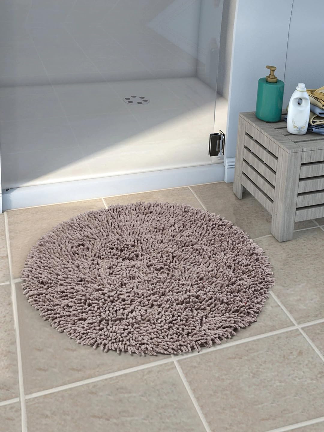 Saral Home Easy Living Home Cotton Shaggy Anti-Skid Round Bath Mat(Grey,90X90 Cm)