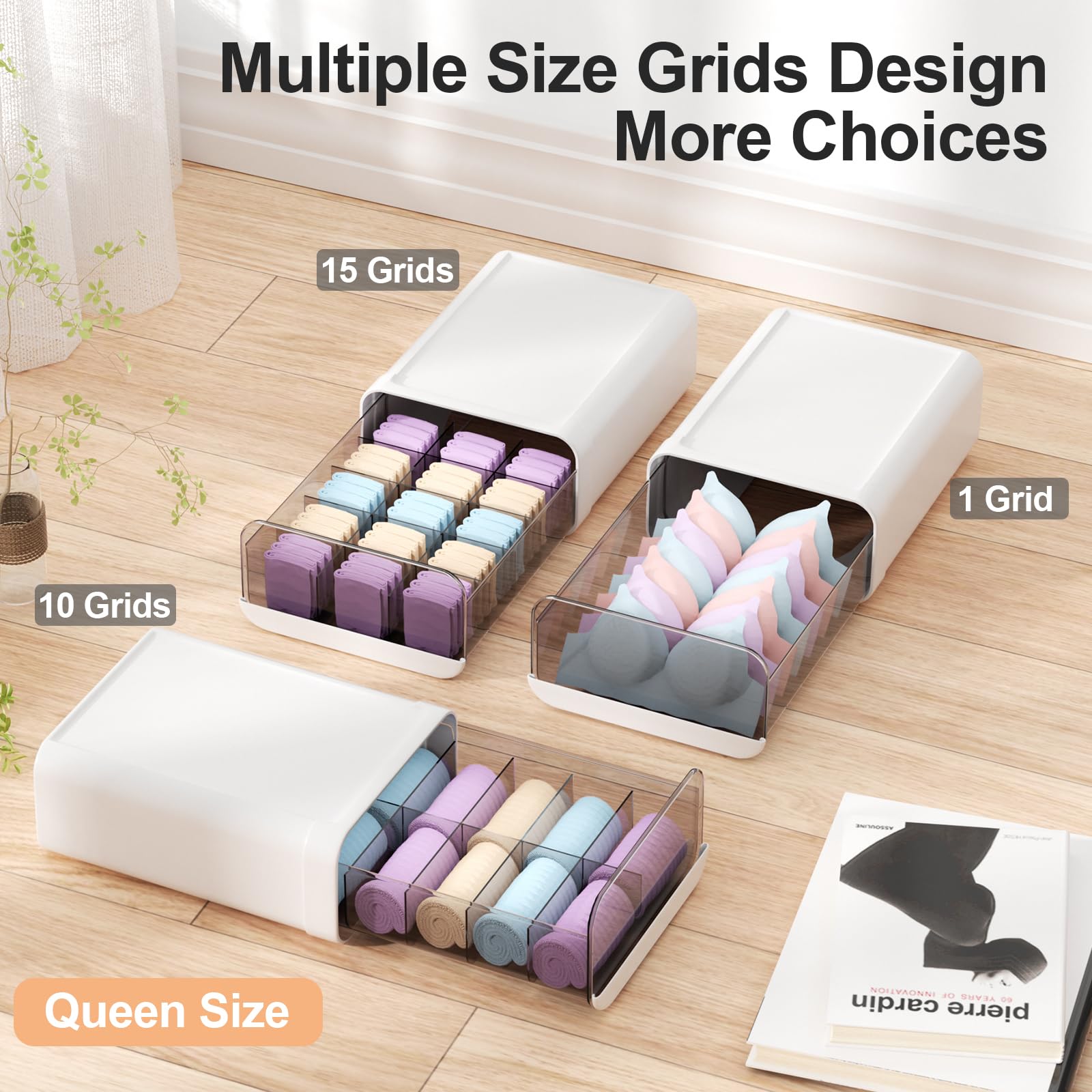 Miaocona Underwear Organizer Drawer, 15 Cells Plastic Sock Underwear Storage Drawer, Stackable Closet Organizers and Storage Box