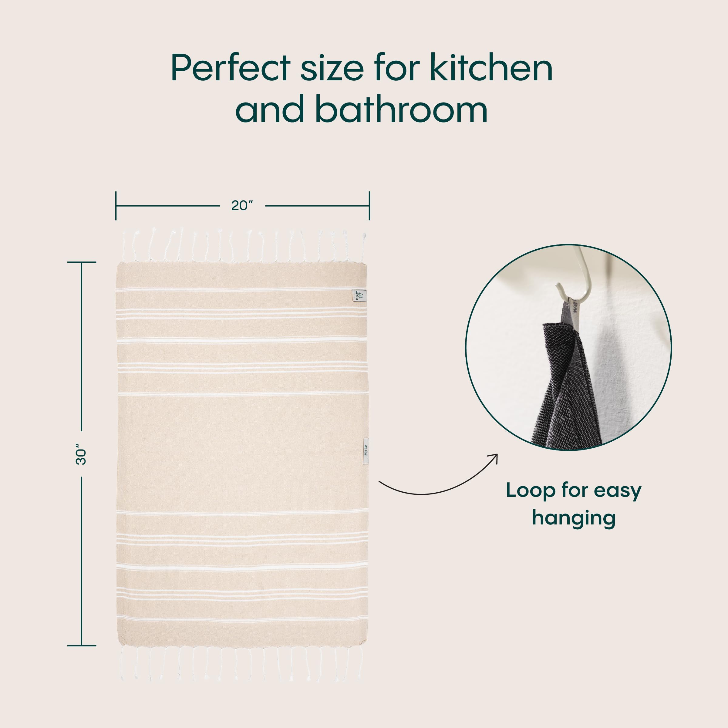 WETCAT Turkish Hand Towels with Hanging Loop (20 x 30) - Set of 2  100% Cotton  Soft - Pre Washed Boho Farmhouse Kitchen Towels - Unique Decorative Hand Towels for Bathroom (Beige)