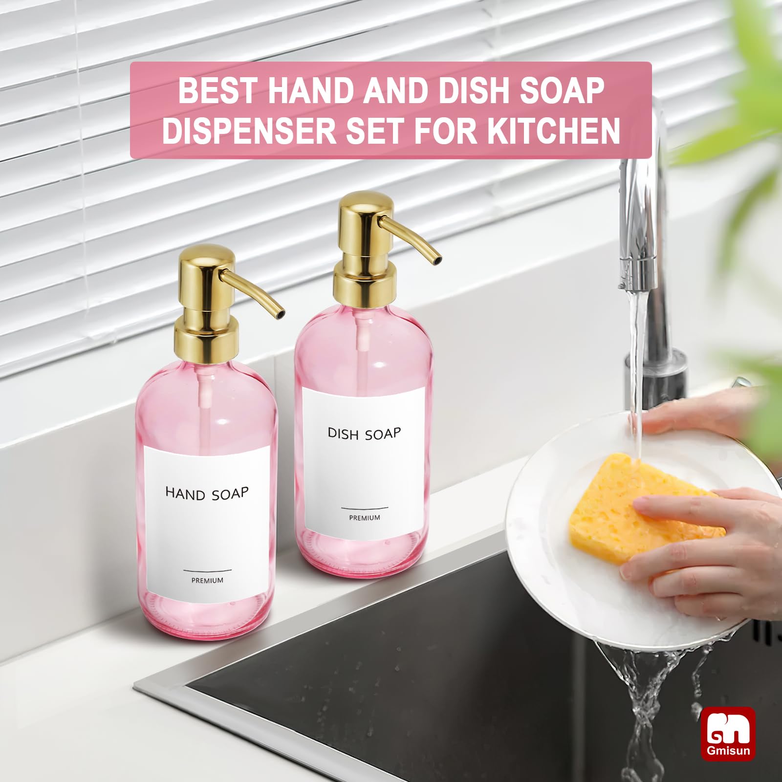 Gmisun Pink Soap Dispenser Bathroom, 2 Pack Kitchen Hand And Dish Soap Dispenser Set, 16 Oz Pink Glass Soap Dispenser With Gold