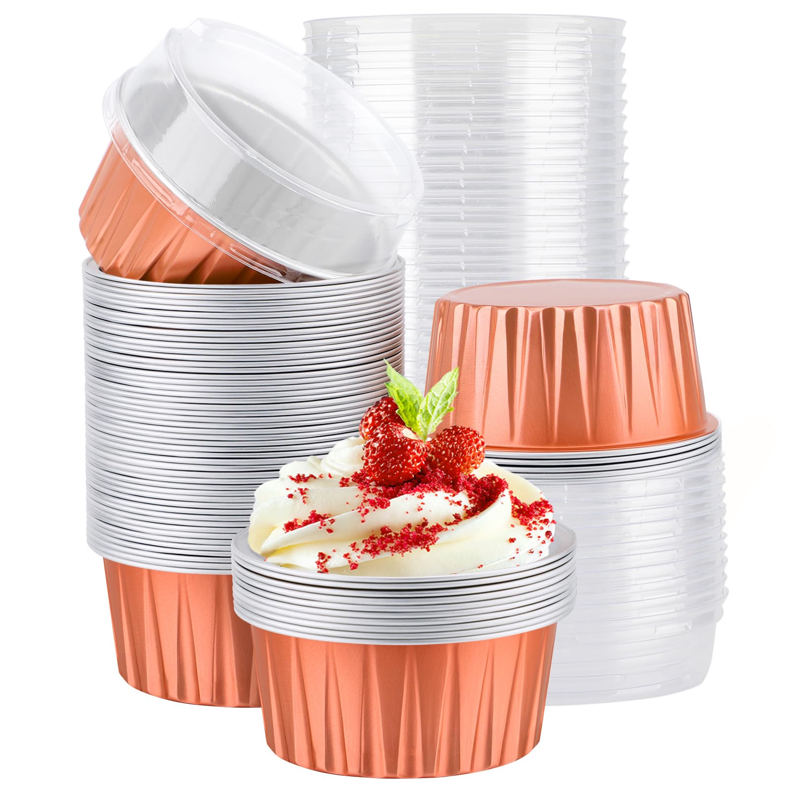 EUSOAR Cupcake Liners for Baking, 60pcs 5oz Foil Ramekins with Lids Dessert Containers, Disposable Mini Foil Cupcake Liners Rame
