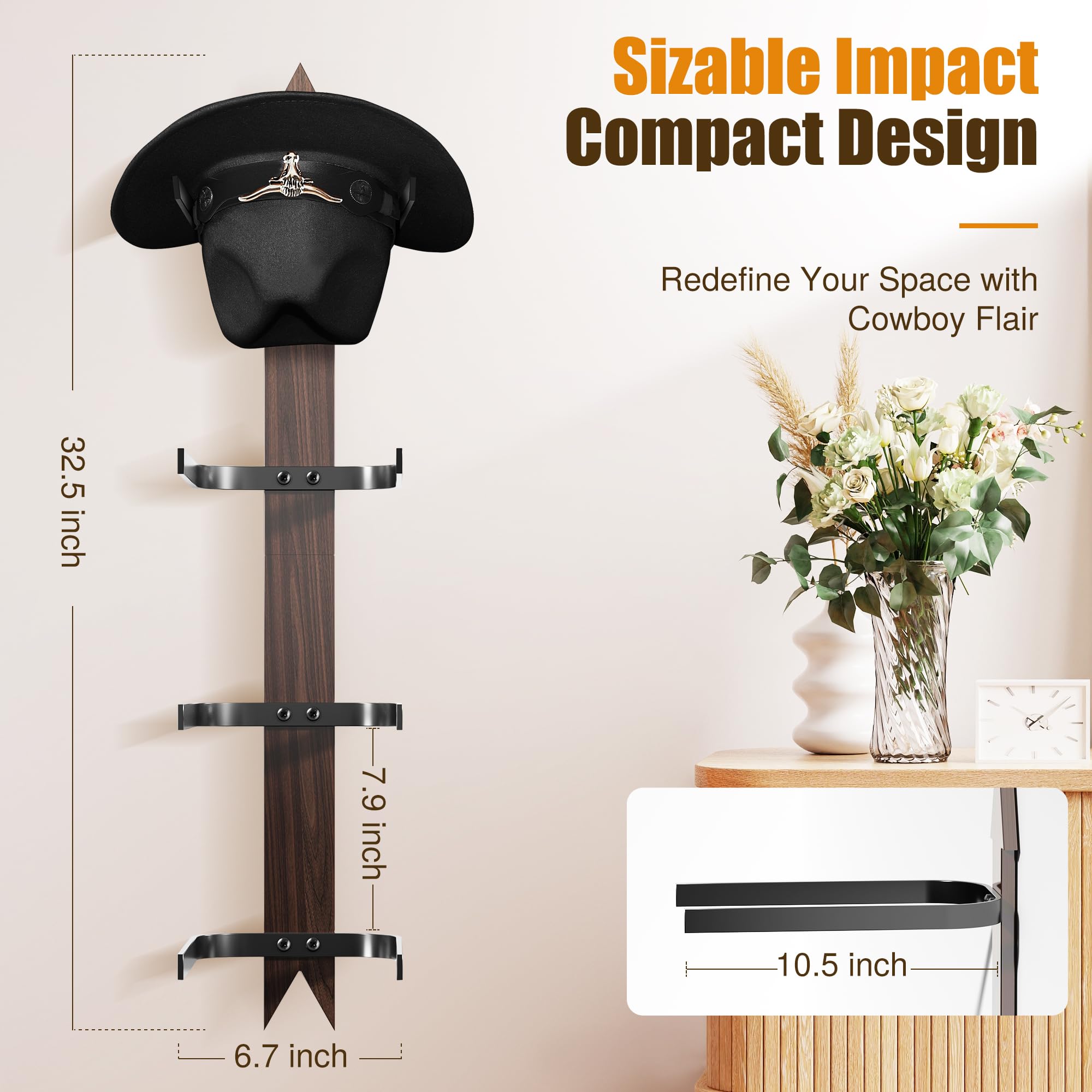 Cinati Cowboy Hat Rack, Cowboy Hat Holder Wall Mount Holds Up To 4 Hats, Wooden Western Rustic Metal Cowboy Hat Hanger With Arro