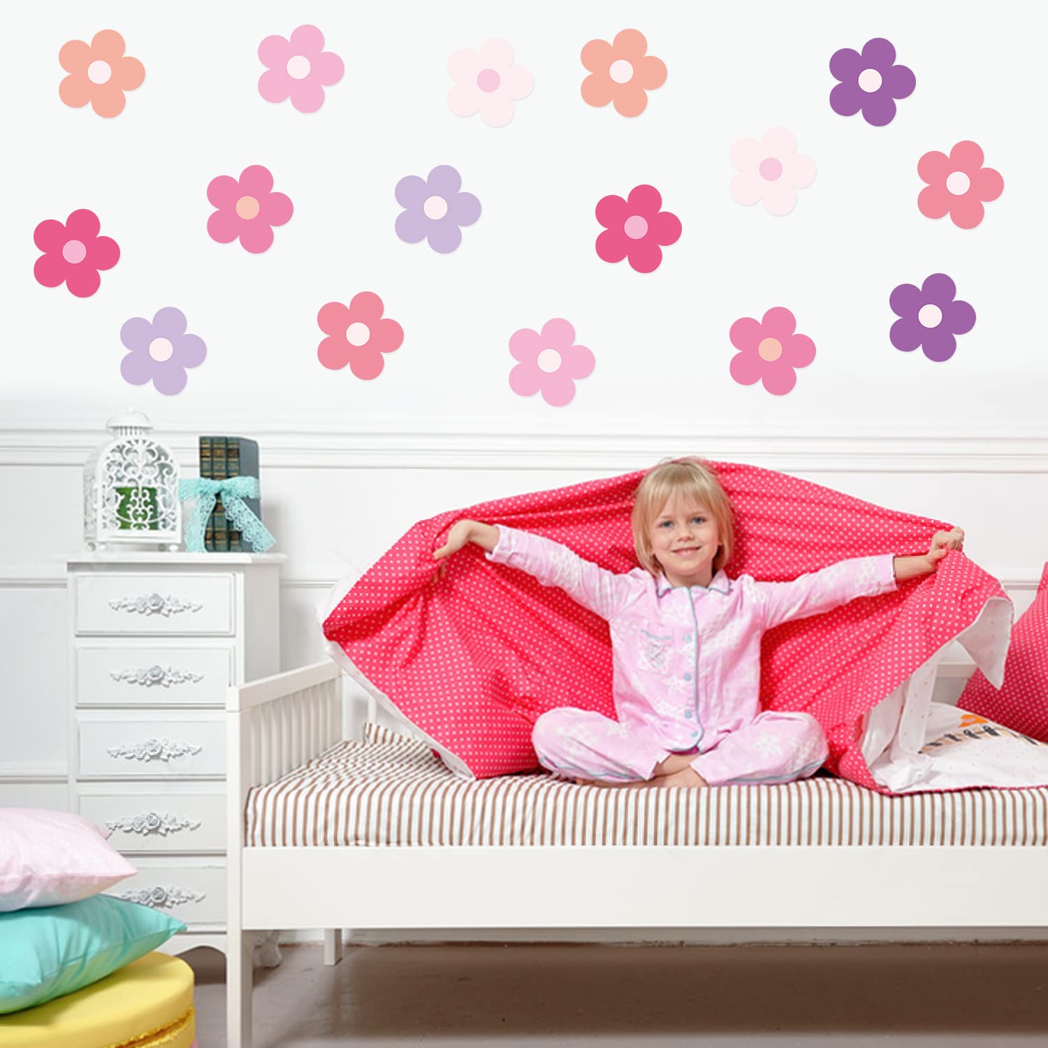 A1Diee 16Pcs Y2K Pink Purple Cute Flowers Wall Decal Trendy Preppy Hippie Aesthetic Wall Sticker Kidcore Preppy Vinyl Peel And S