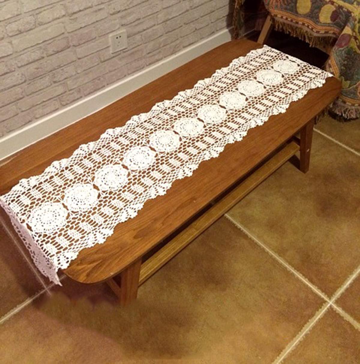 Hetao 12X51 100% Cotton Handmade Crochet Lace Table Runners Oblong Tablecloth Doilies Doily,Beige