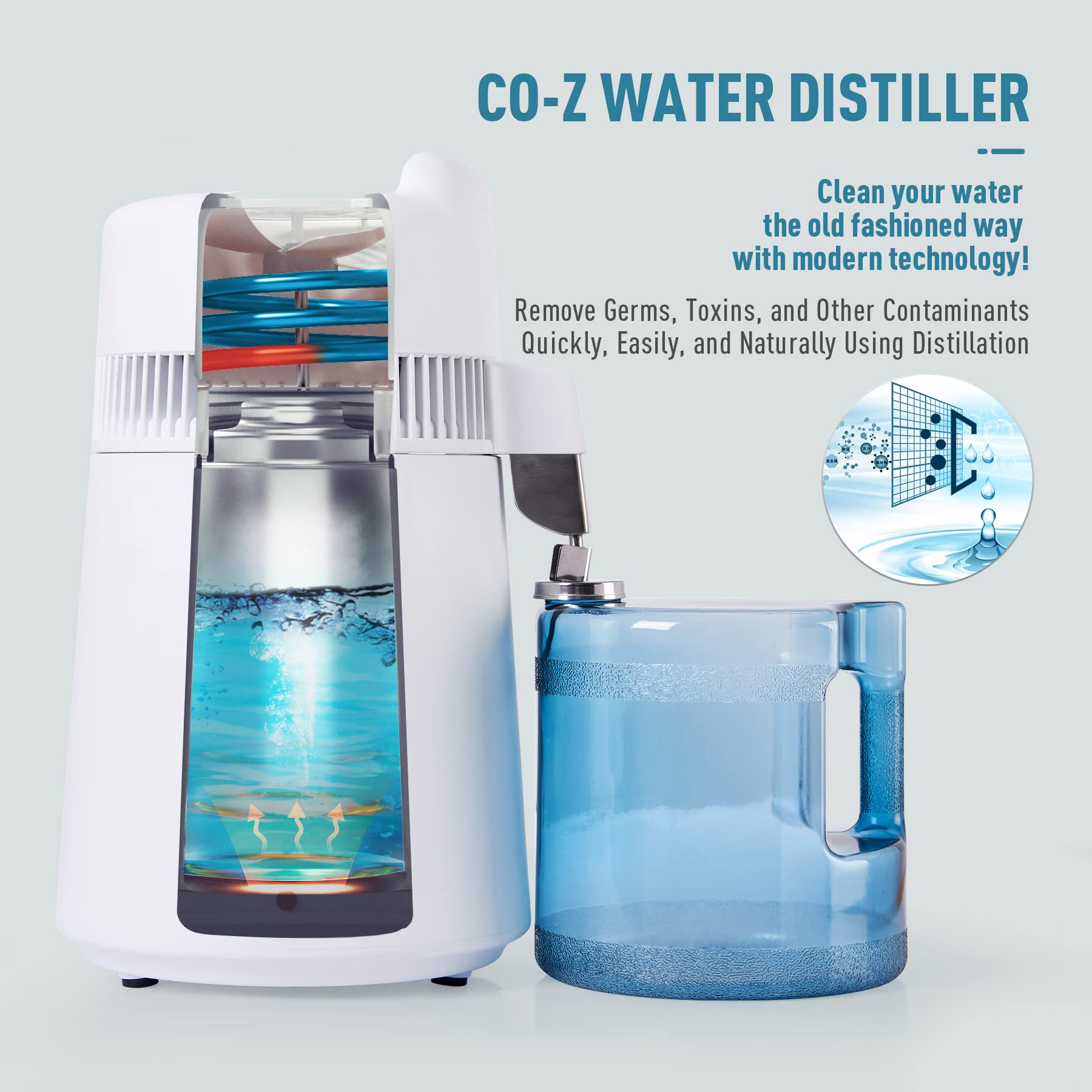 Co-Z 6L Water Distiller, Larger 1.6 Gal Countertop Home Distillers, Distilling Pure Water Machine For Home Table Desktop, Distil