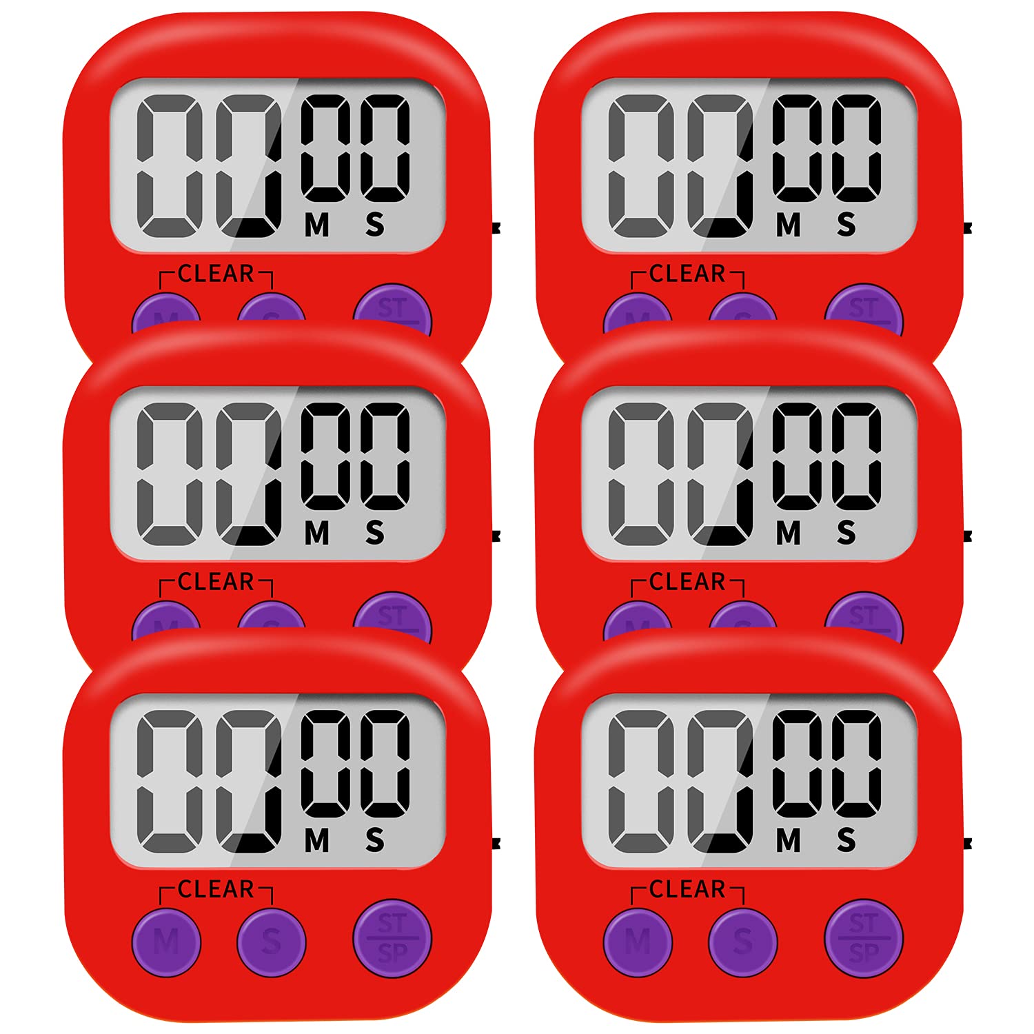 6 Pack Small Digital Kitchen Timer Magnetic Back and ON/Off Switch,Minute Second Count Up Countdown (Red)