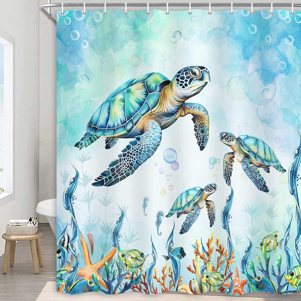 Merchr Sea Turtle Shower Curtain Coastal Beach Decoration Nautical Shower Curtains For Bathroom, Blue Ocean Teal Fabric Bath Cur