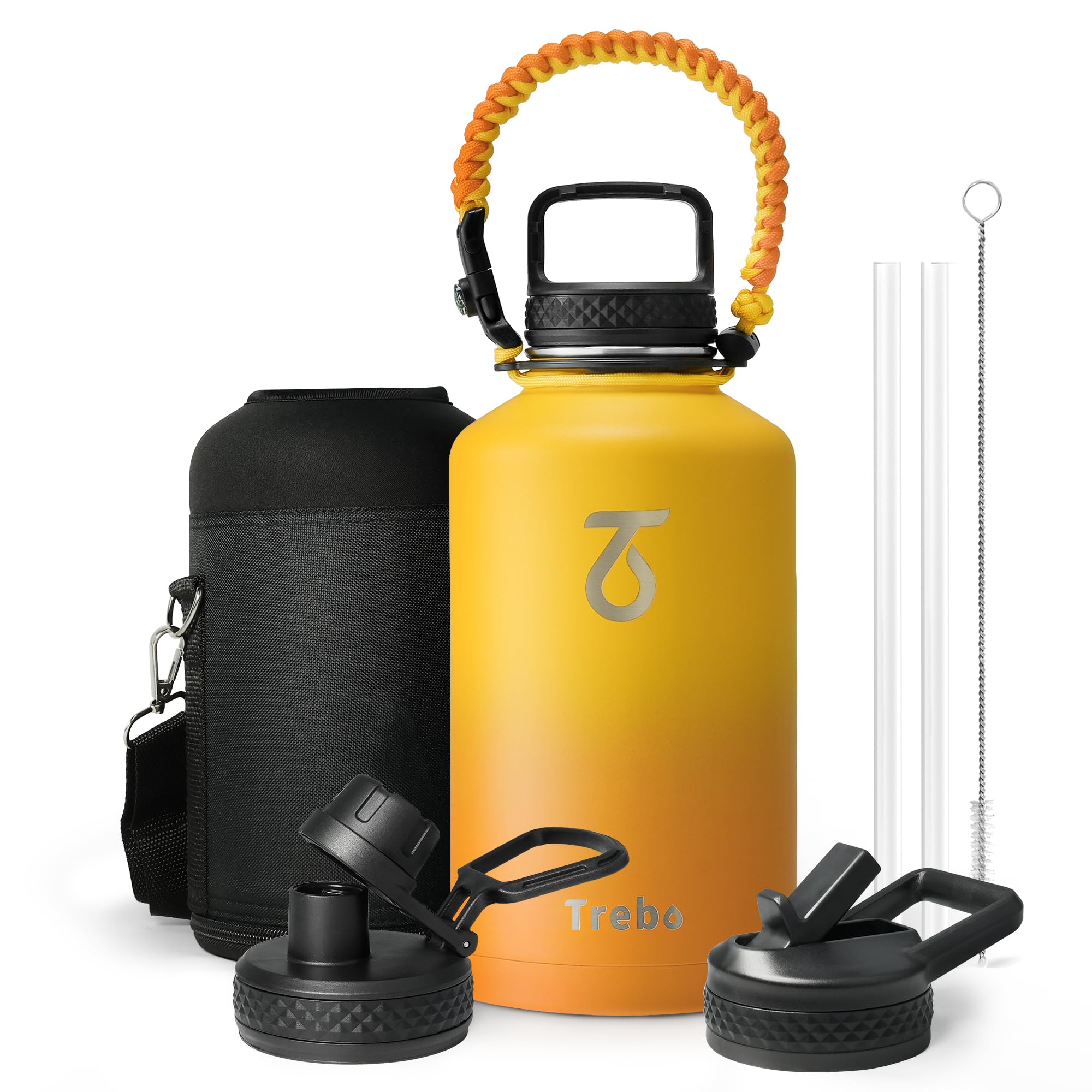 Trebo Insulated Water Bottle 64 oz, Half Gallon Metal Vacuum Water Jug with Paracord Handle and 3 Lids, Leakproof BPA-Free Water