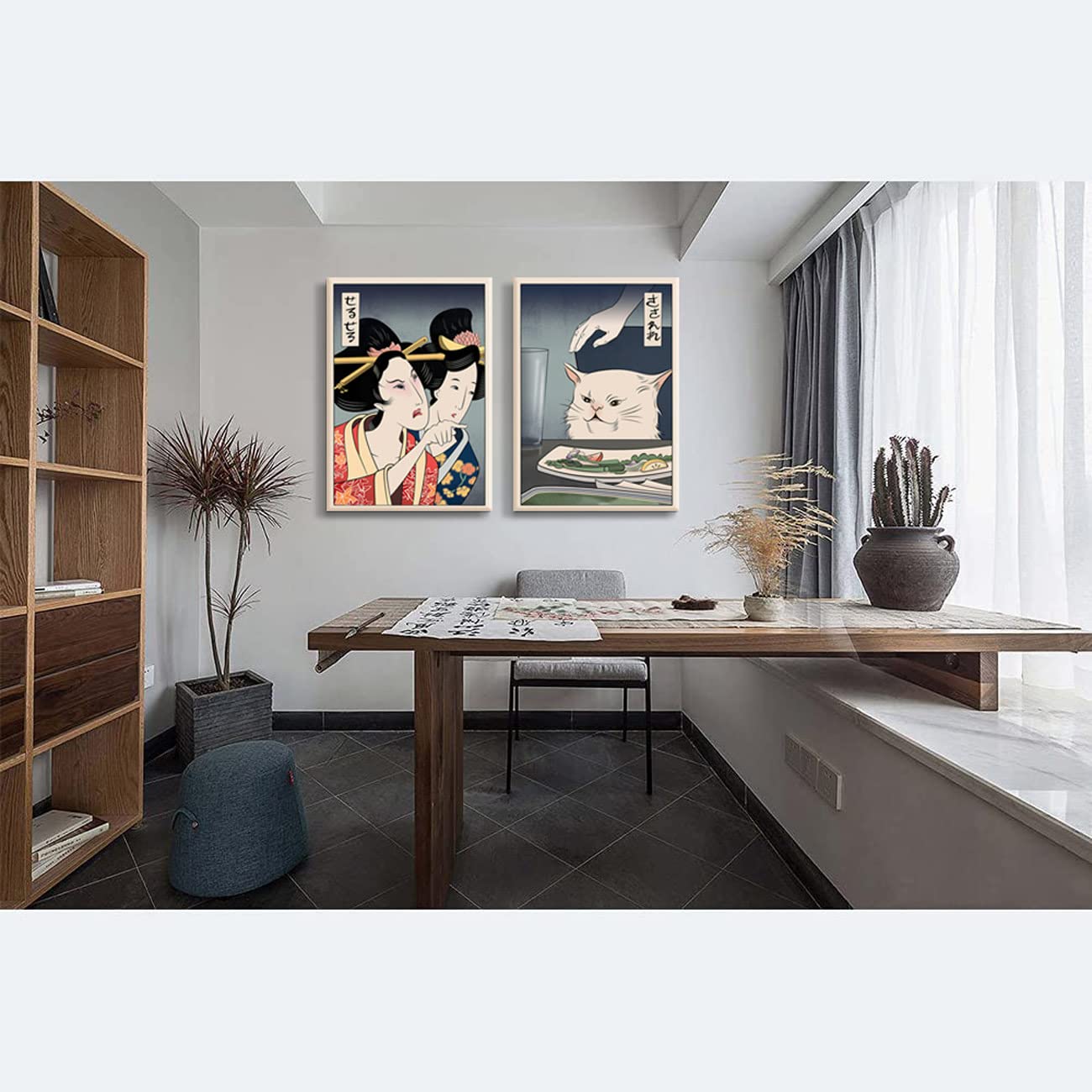 2Pcs Funny Cute Canvas Painting Japanese Woman Yelling At Cat Eating Food Poster Print Vintage Wall Art Meme Picture Dining Room