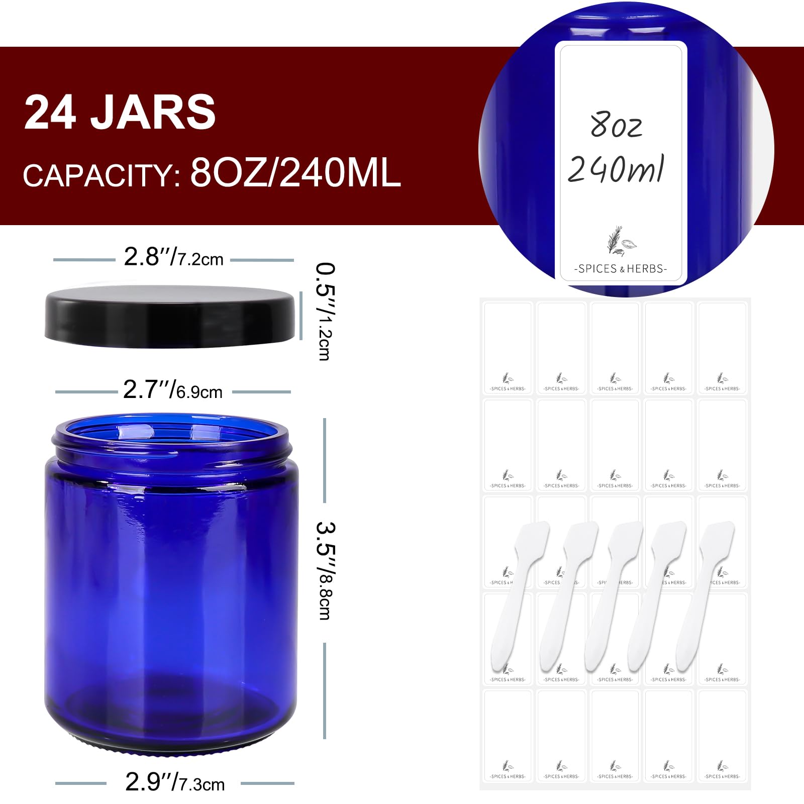 8 Oz Blue Glass Jars With Black Plastic Lids, 24 Pack 240Ml Round Empty Candle Jars Cosmetic Jars Food Storage Containers, Canni