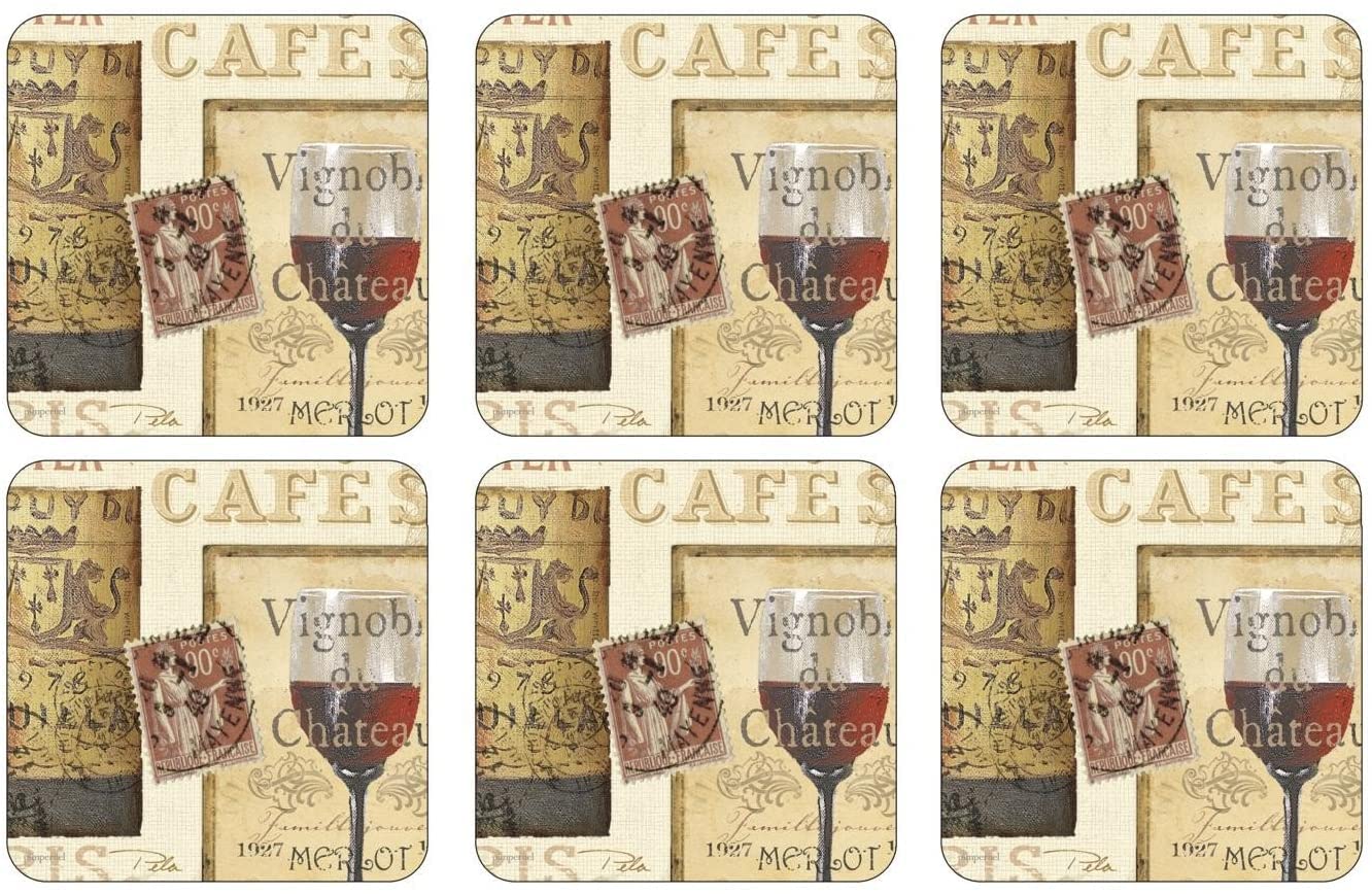 Pimpernel French Cellar Collection Coasters | Set Of 6 | Cork Backed Board | Heat And Stain Resistant | Drinks Coaster For Table