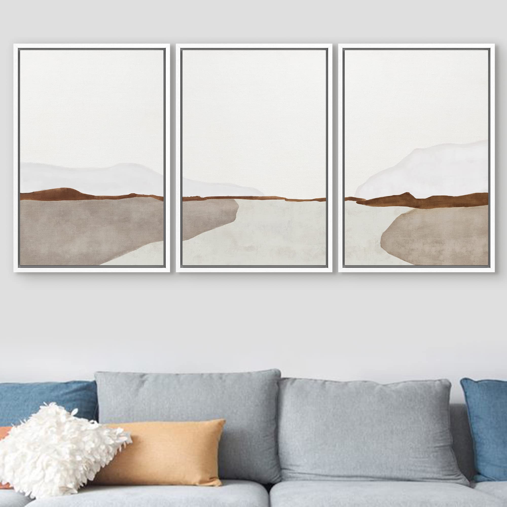 Signford Framed Canvas Print Wall Art Set Pastel Mountain Valley Landscape Abstract Shapes Illustration Modern Art Decorative No