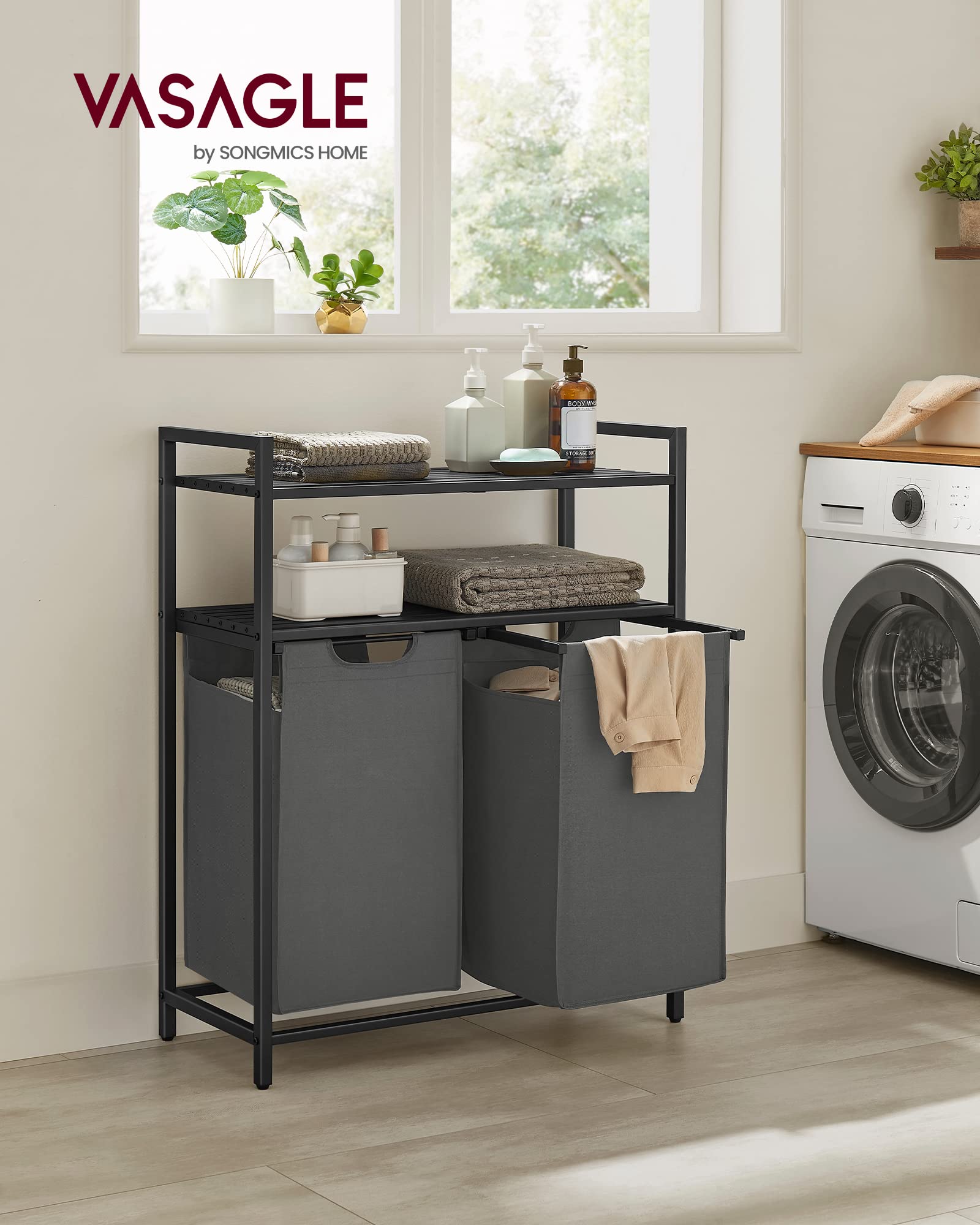 Vasagle Laundry Hamper, Laundry Basket, Laundry Sorter With 2 Pull-Out And Removable Bags, 2 Shelves, 12.1 Gal (46L) Capacity Pe