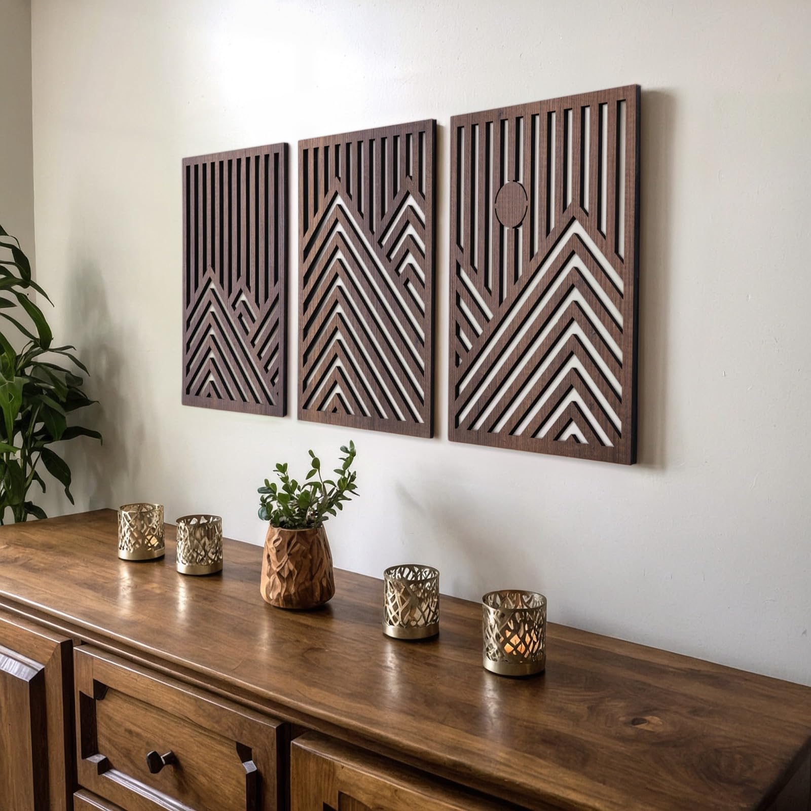 qmmp Modern Wooden Wall Sculptures - Set of 3 - MDF - Oak - Home Decor Accent - Large Wall Art for Living Room, Bedroom, Office 